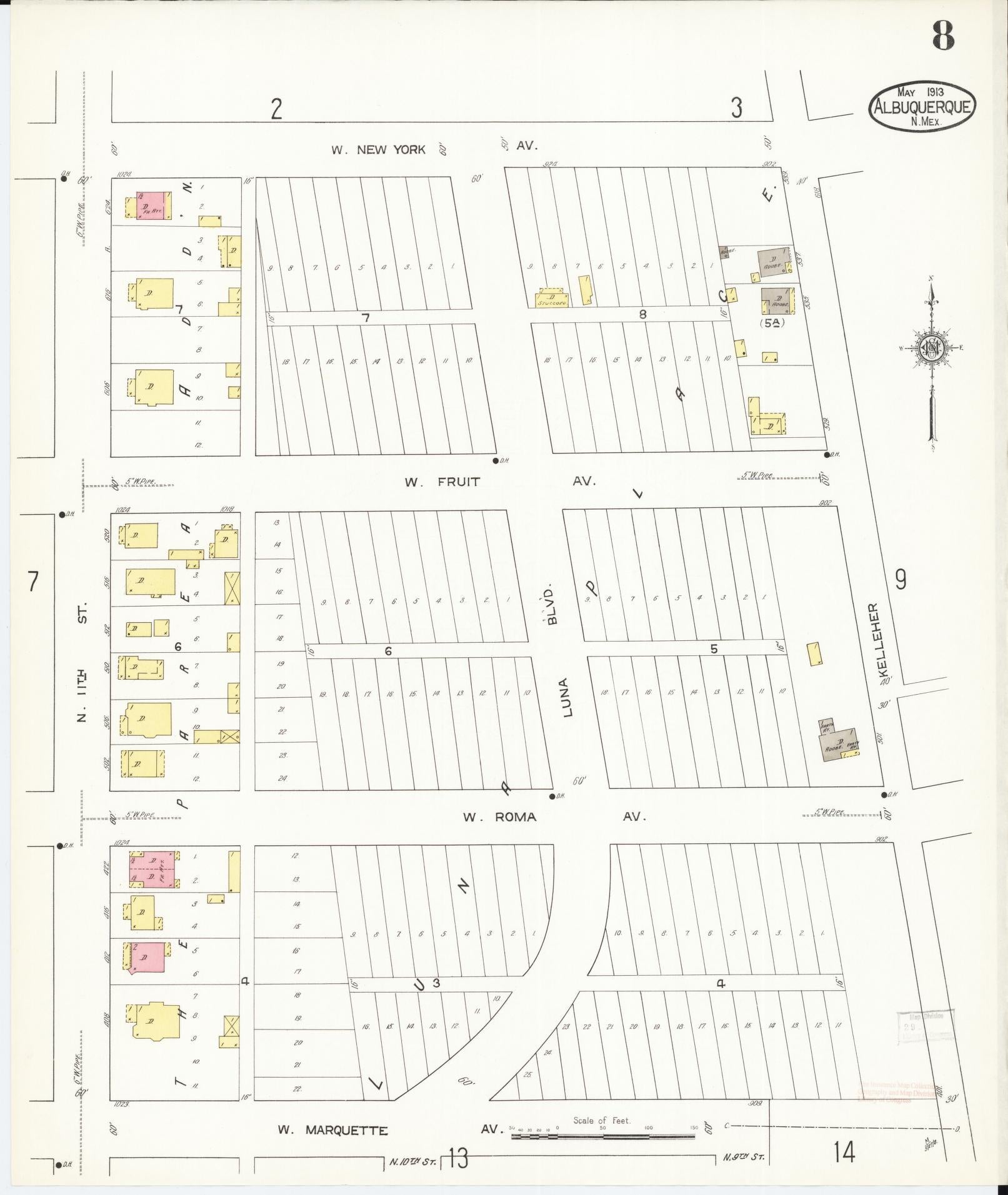 Sanborn Fire Insurance Map from Albuquerque, Bernalillo County, New Mexico (1913), Sheet #0008 - Historic Sanborn Fire Insurance Map Print, vintage old map wall art, antique decor, genealogy gift, New Mexico New Mexico map