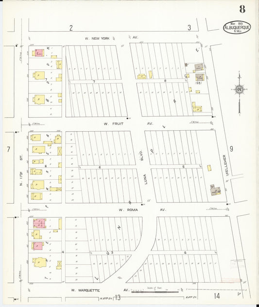 Sanborn Fire Insurance Map from Albuquerque, Bernalillo County, New Mexico (1913), Sheet #0008 - Historic Sanborn Fire Insurance Map Print, vintage old map wall art, antique decor, genealogy gift, New Mexico New Mexico map