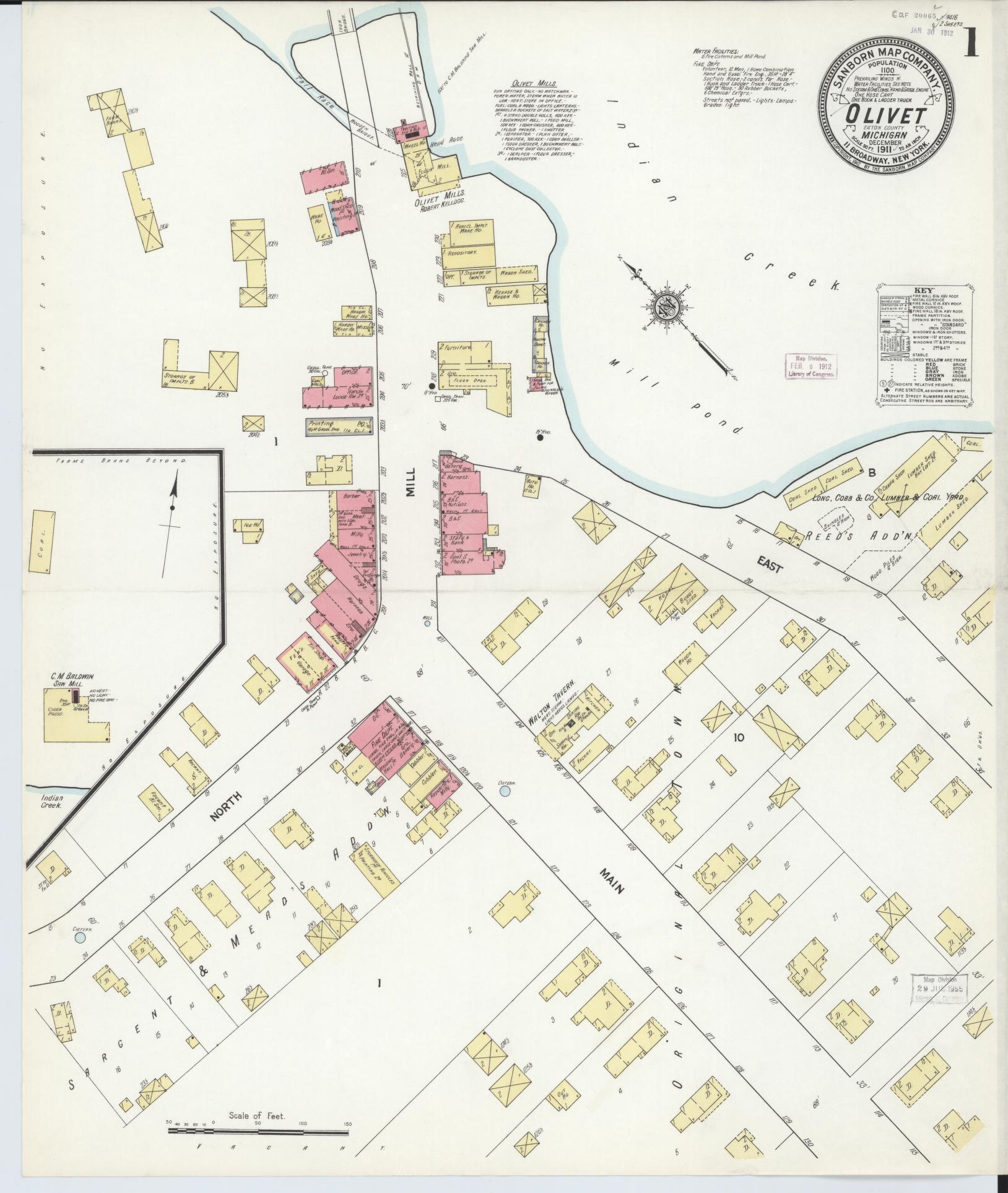 Sanborn Fire Insurance Map from Olivet, Eaton County, Michigan (1911), Sheet #0001 - Complete Map Set gallery image, historic Sanborn map, vintage wall art, Michigan Michigan