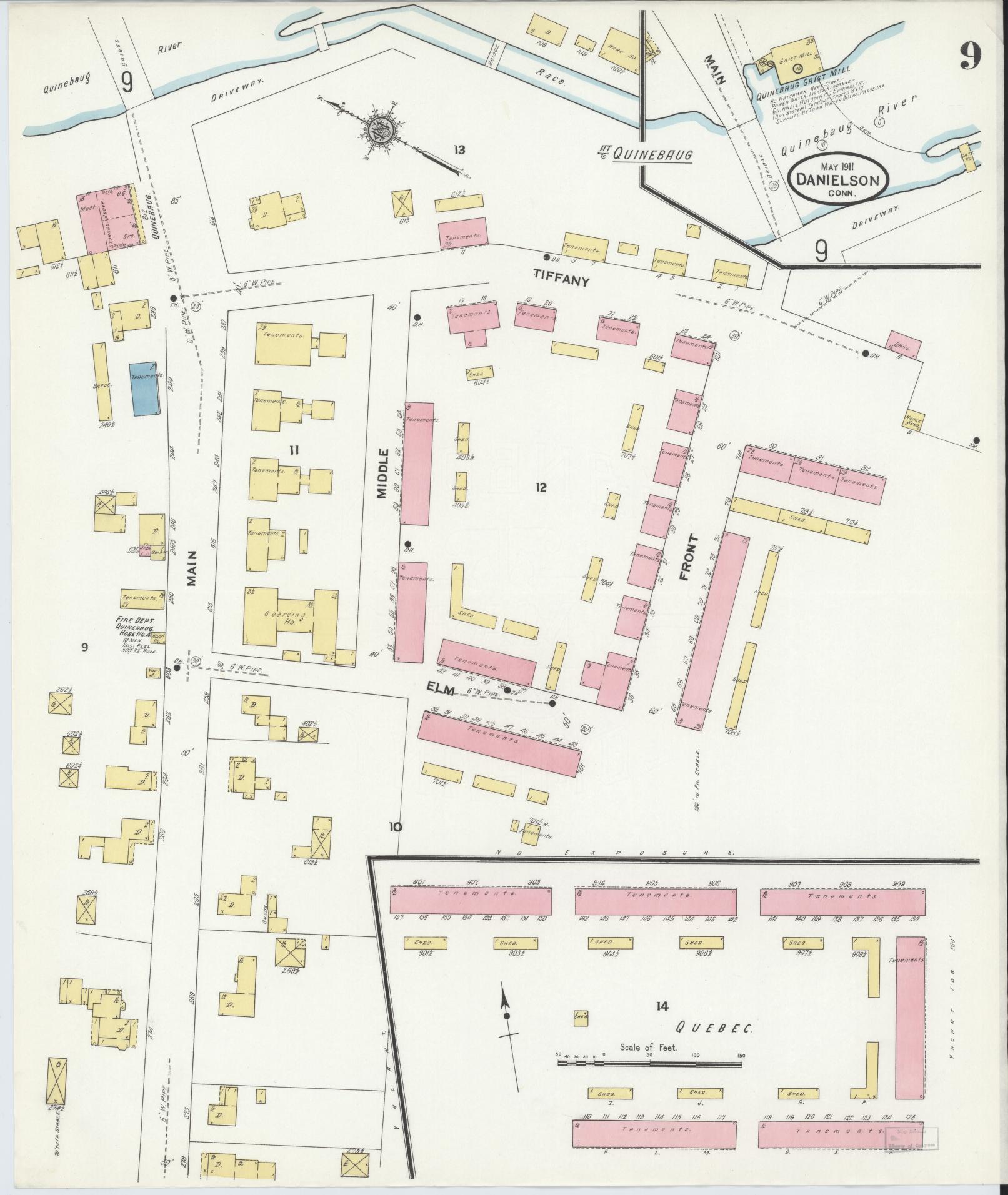 Sanborn Fire Insurance Map from Danielson, Windham County, Connecticut (1911), Sheet #0009 - Historic Sanborn Fire Insurance Map Print, vintage old map wall art, antique decor, genealogy gift, Connecticut Connecticut map
