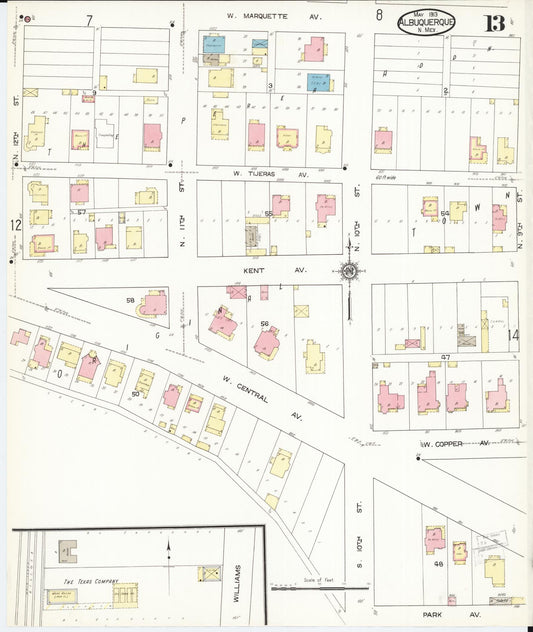 Sanborn Fire Insurance Map from Albuquerque, Bernalillo County, New Mexico (1913), Sheet #0013 - Historic Sanborn Fire Insurance Map Print, vintage old map wall art, antique decor, genealogy gift, New Mexico New Mexico map