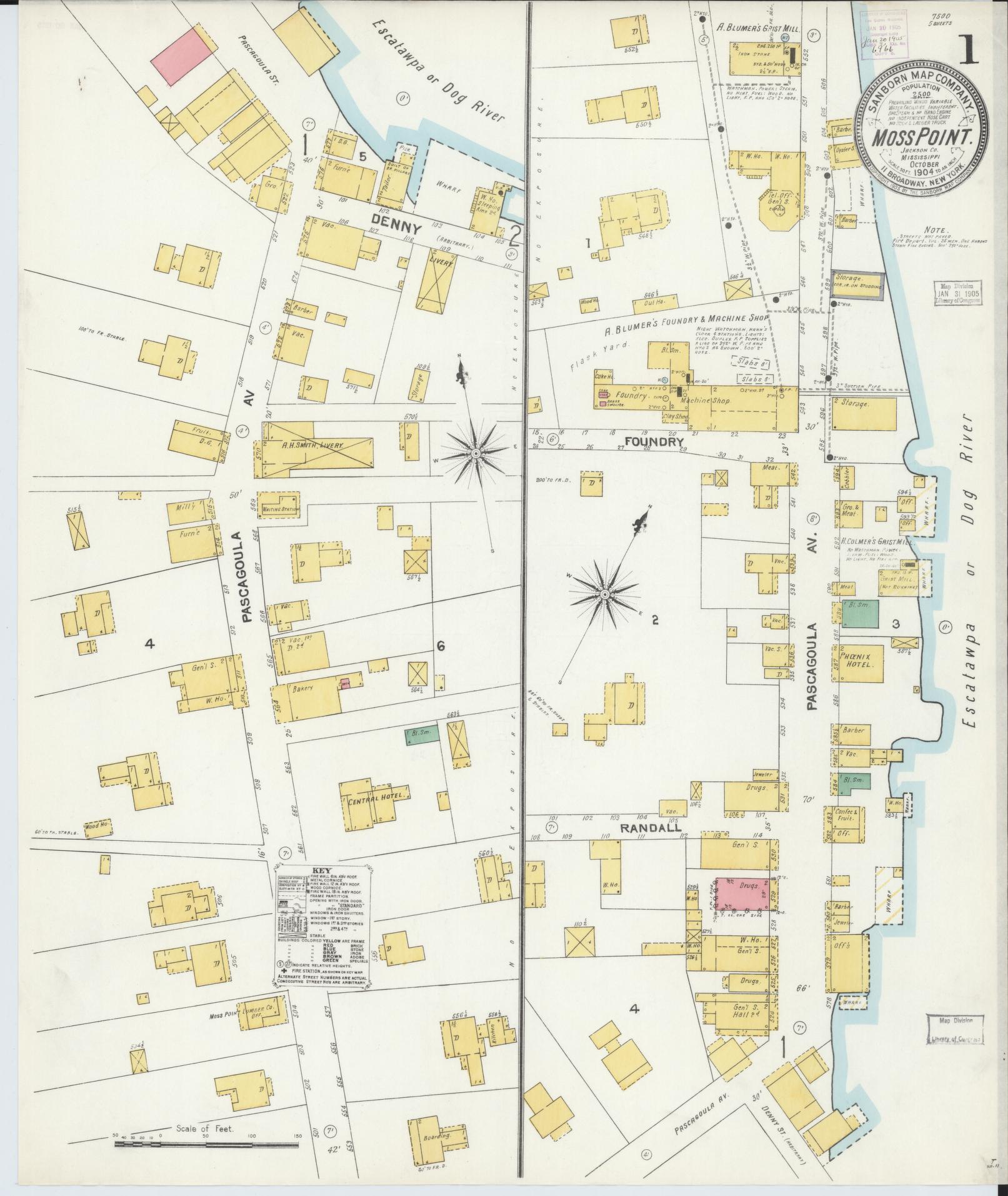 Sanborn Fire Insurance Map from Moss Point, Jackson County, Mississippi (1904), Sheet #0001 - Historic Sanborn Fire Insurance Map Print, vintage old map wall art, antique decor, genealogy gift, Mississippi Mississippi map