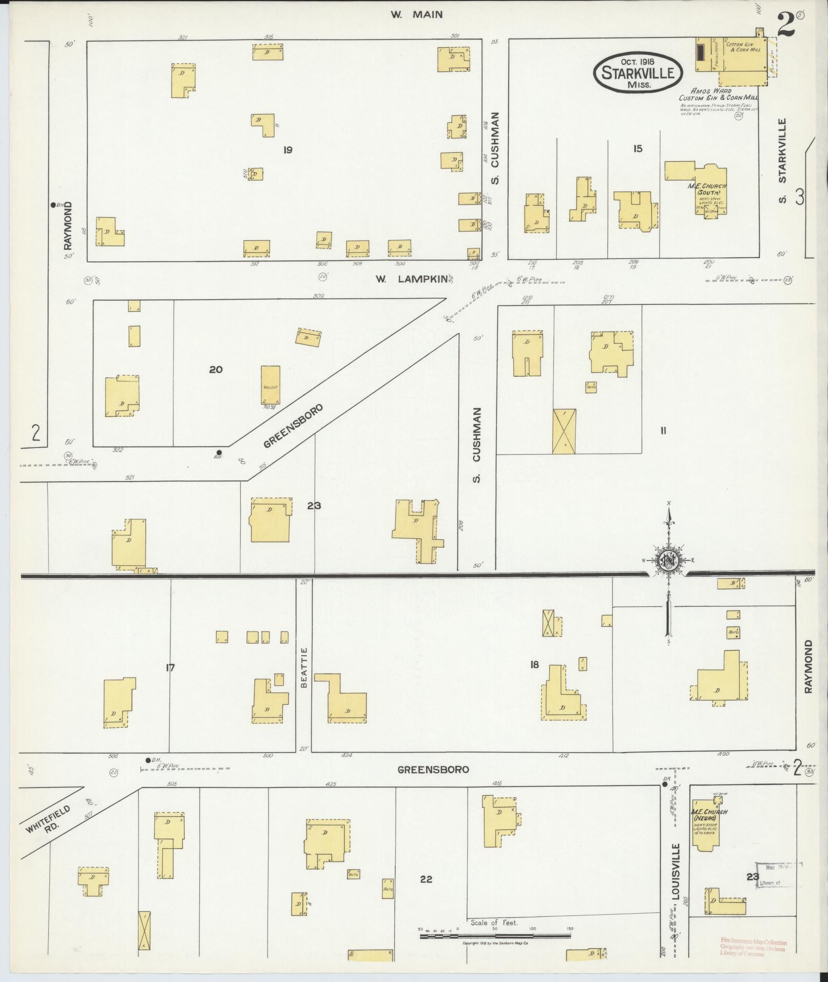 Sanborn Fire Insurance Map from Starkville, Oktibbeha County, Mississippi (1918), Sheet #0002 - Complete Map Set gallery image, historic Sanborn map, vintage wall art, Mississippi Mississippi