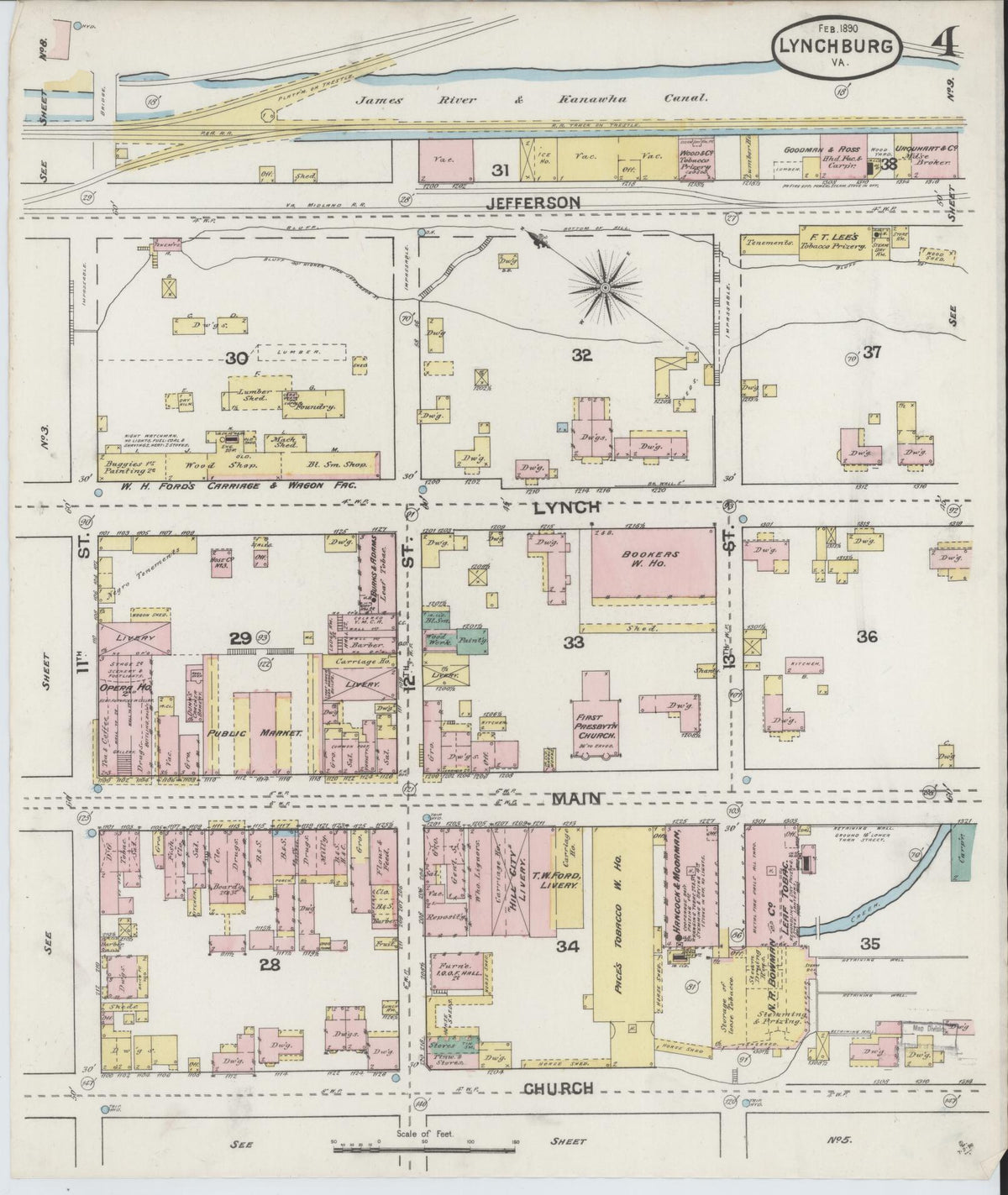 Sanborn Fire Insurance Map from Lynchburg, Independent Cities, Virginia (1890), Sheet #0004 - Historic Sanborn Fire Insurance Map Print, vintage old map wall art, antique decor, genealogy gift, Virginia Virginia map