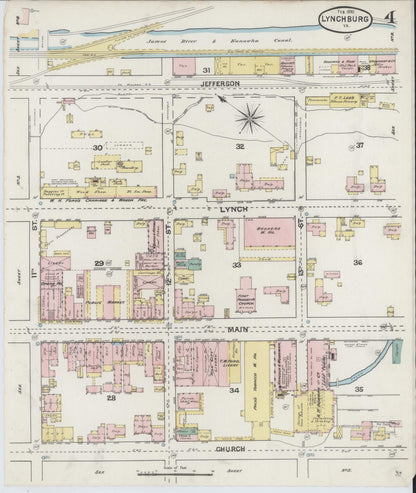 Sanborn Fire Insurance Map from Lynchburg, Independent Cities, Virginia (1890), Sheet #0004 - Historic Sanborn Fire Insurance Map Print, vintage old map wall art, antique decor, genealogy gift, Virginia Virginia map