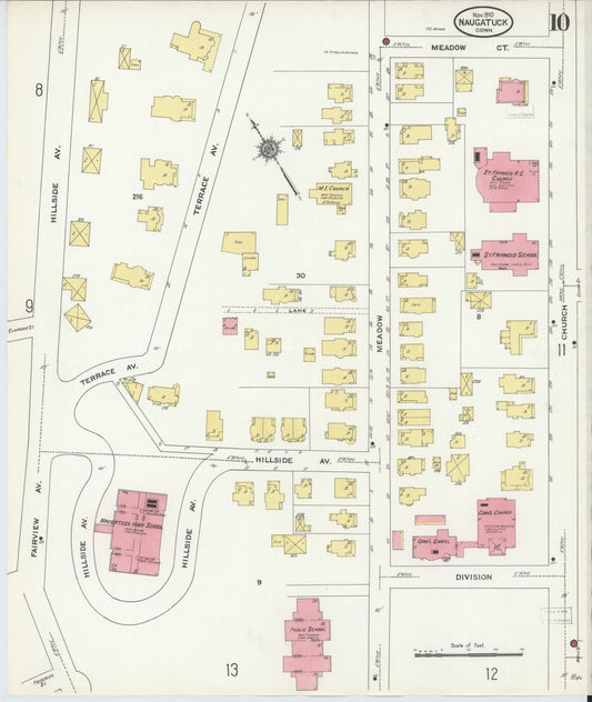 Sanborn Fire Insurance Map from Naugatuck, New Haven County, Connecticut (1910), Sheet #0010 - Historic Sanborn Fire Insurance Map Print, vintage old map wall art, antique decor, genealogy gift, Connecticut Connecticut map