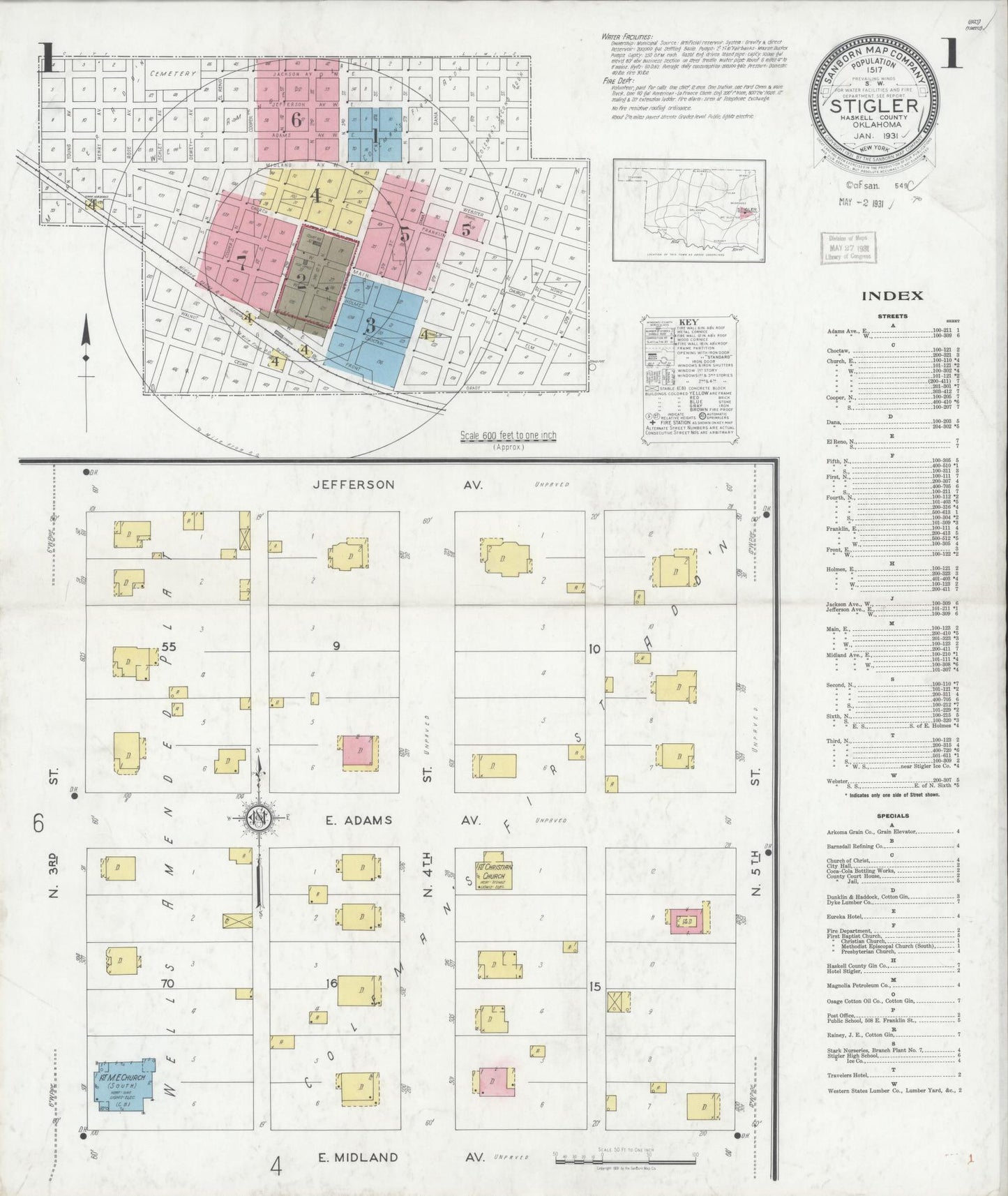 Sanborn Fire Insurance Map from Stigler, Haskell County, Oklahoma (1931), Sheet #0001 - Complete Map Set gallery image, historic Sanborn map, vintage wall art, Oklahoma Oklahoma