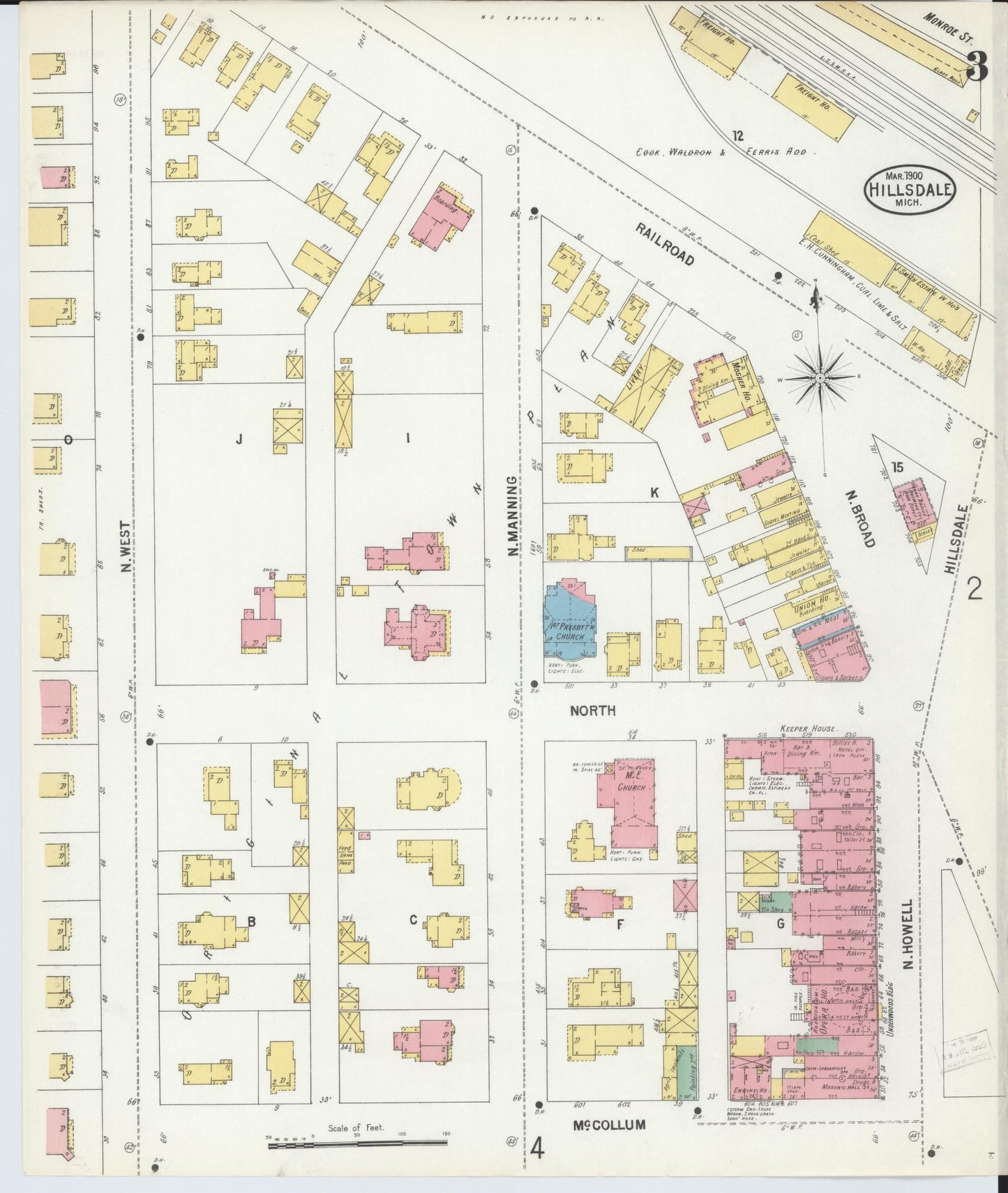 Sanborn Fire Insurance Map from Hillsdale, Hillsdale County, Michigan (1900), Sheet #0003 - Complete Map Set gallery image, historic Sanborn map, vintage wall art, Michigan Michigan