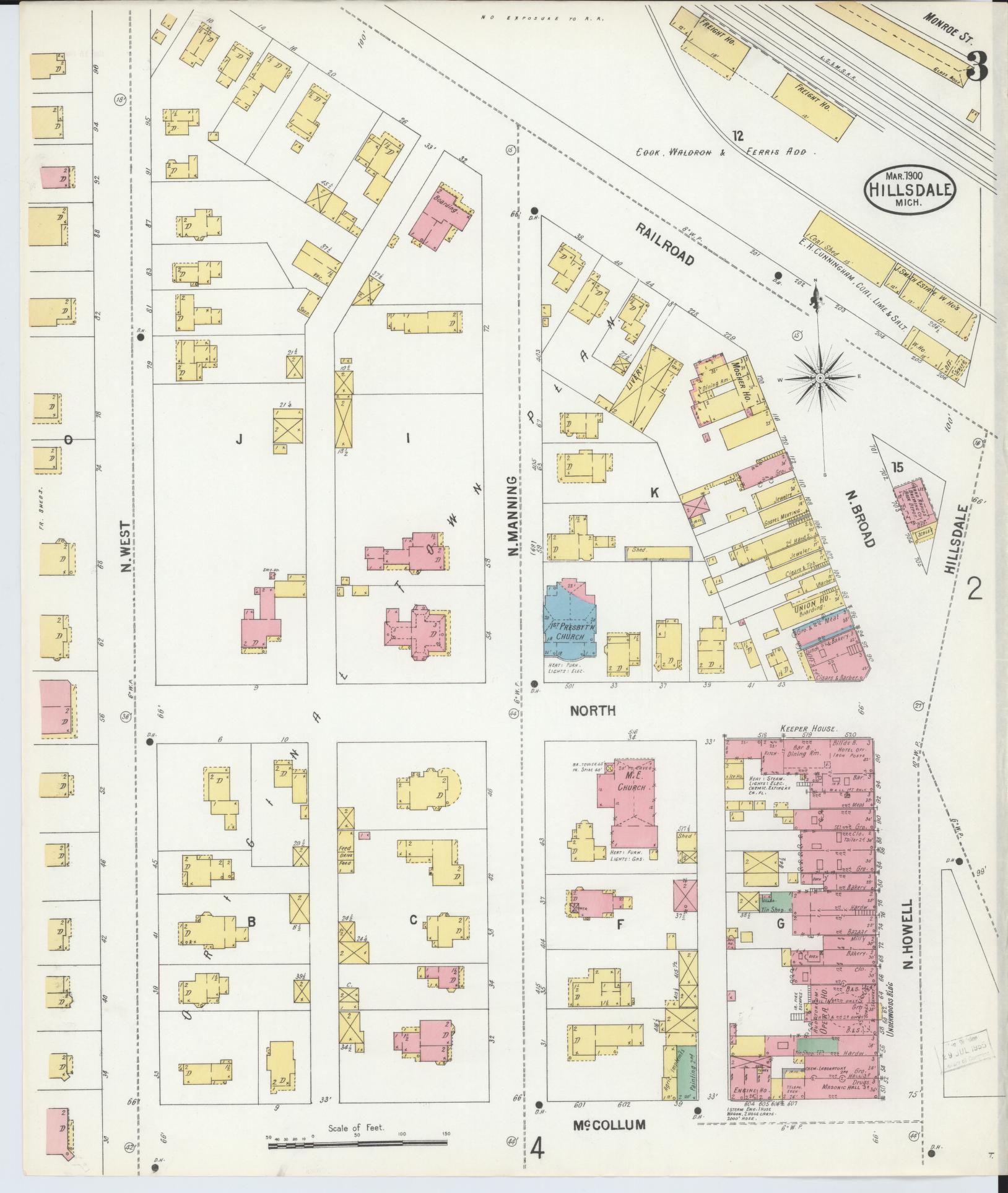 Sanborn Fire Insurance Map from Hillsdale, Hillsdale County, Michigan (1900), Sheet #0003 - Complete Map Set gallery image, historic Sanborn map, vintage wall art, Michigan Michigan