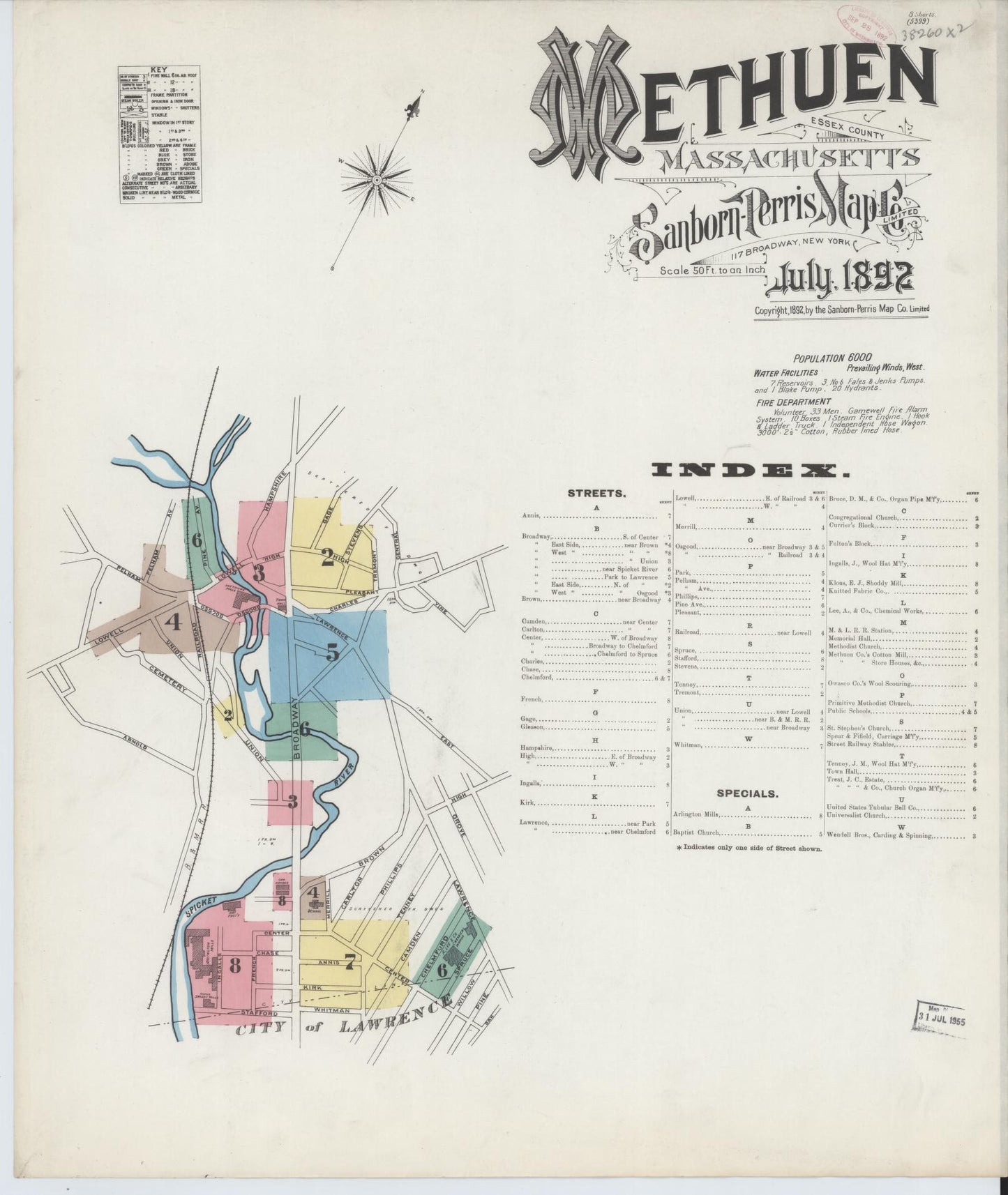 Sanborn Fire Insurance Map from Methuen, Essex County, Massachusetts (1892), Sheet #0001 - Historic Sanborn Fire Insurance Map Print, vintage old map wall art, antique decor, genealogy gift, Massachusetts Massachusetts map