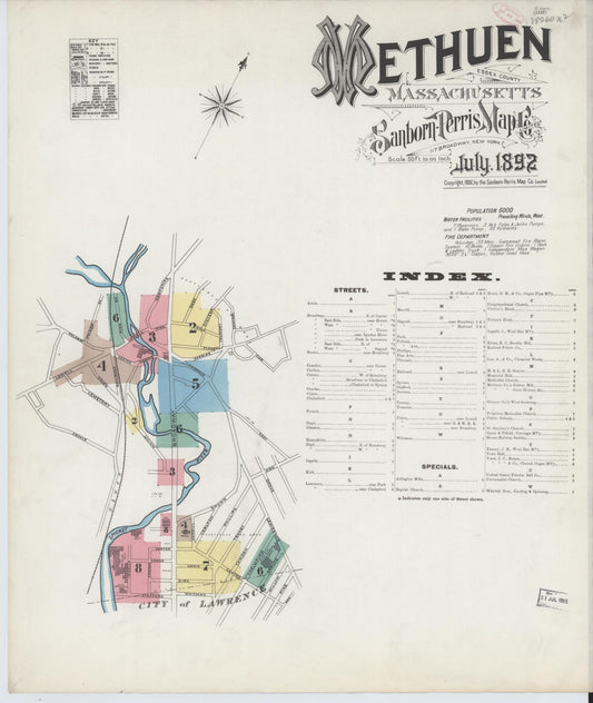 Sanborn Fire Insurance Map from Methuen, Essex County, Massachusetts (1892), Sheet #0001 - Historic Sanborn Fire Insurance Map Print, vintage old map wall art, antique decor, genealogy gift, Massachusetts Massachusetts map
