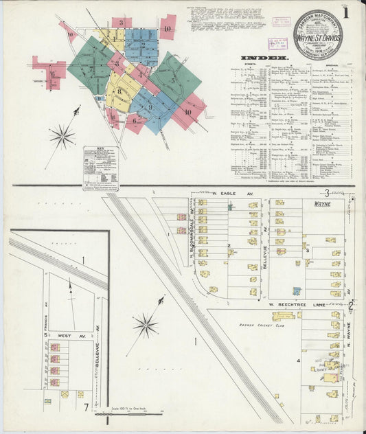 Sanborn Fire Insurance Map from Wayne, Delaware County, Pennsylvania (1909), Sheet #0001 - Complete Map Set gallery image, historic Sanborn map, vintage wall art, Wayne Delaware