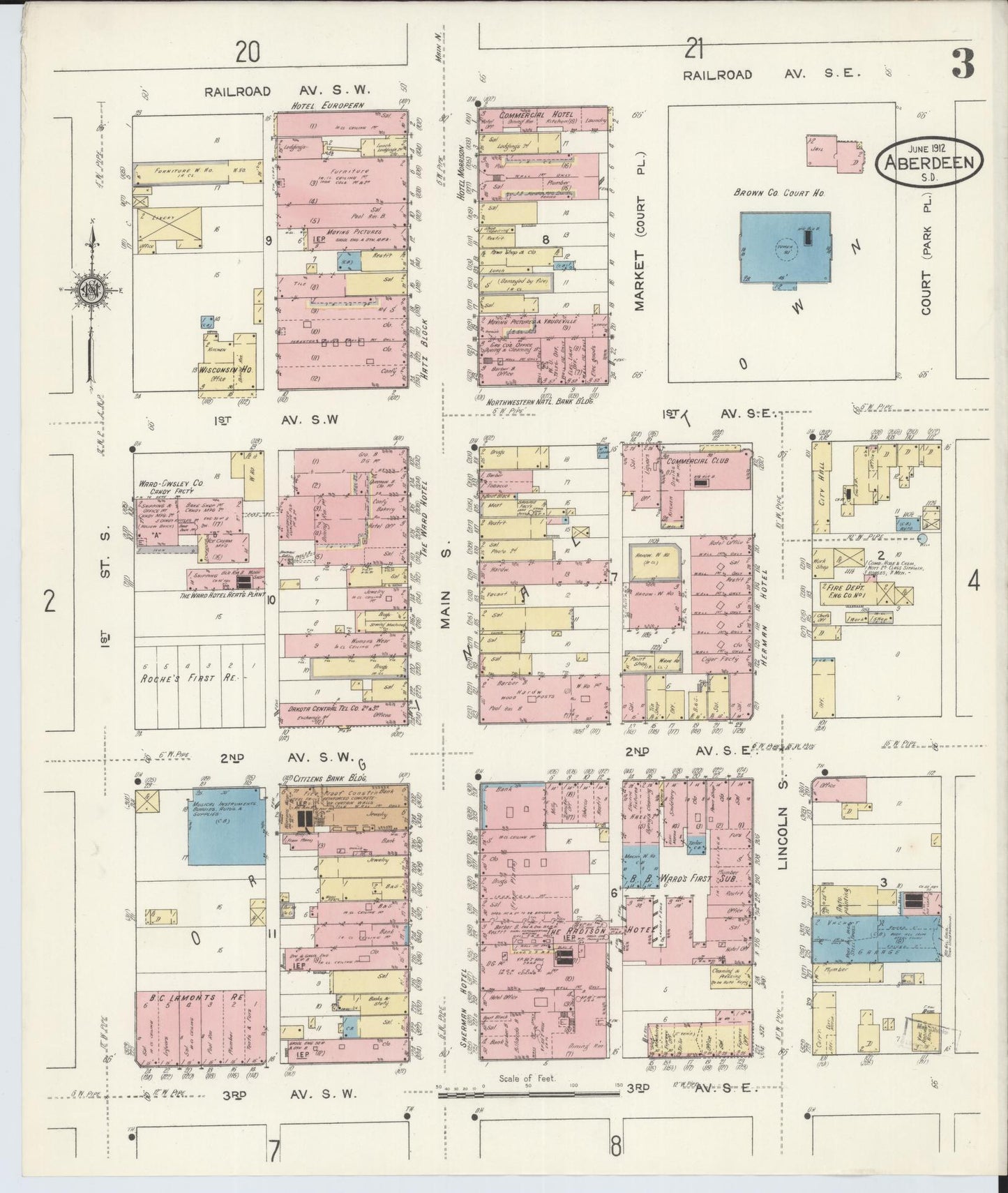 Sanborn Fire Insurance Map from Aberdeen, Brown County, South Dakota (1912), Sheet #0003 - Historic Sanborn Fire Insurance Map Print, vintage old map wall art, antique decor, genealogy gift, South Dakota South Dakota map
