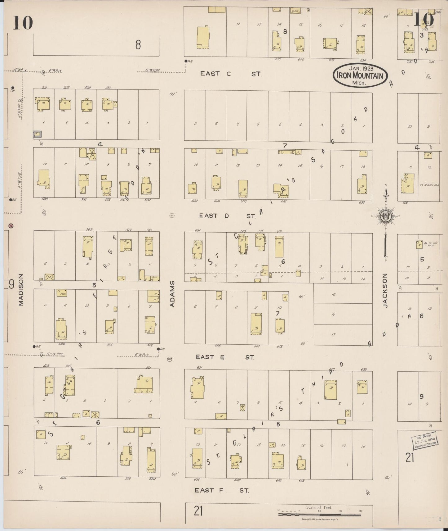 Sanborn Fire Insurance Map from Iron Mountain, Dickinson County, Michigan (1923), Sheet #0010 - Historic Sanborn Fire Insurance Map Print, vintage old map wall art, antique decor, genealogy gift, Michigan Michigan map