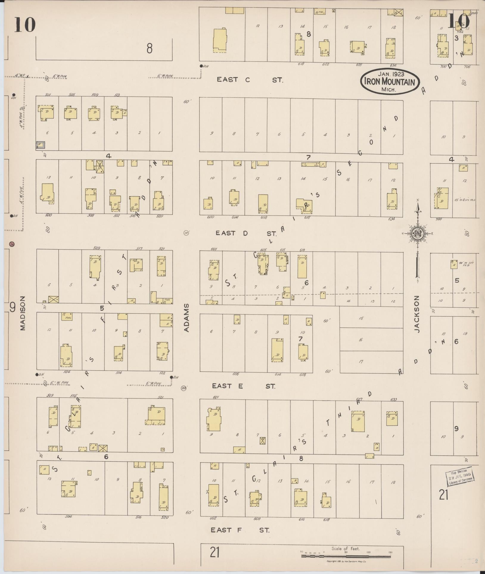 Sanborn Fire Insurance Map from Iron Mountain, Dickinson County, Michigan (1923), Sheet #0010 - Historic Sanborn Fire Insurance Map Print, vintage old map wall art, antique decor, genealogy gift, Michigan Michigan map