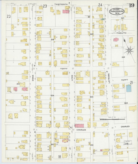 Sanborn Fire Insurance Map from Parkersburg, Wood County, West Virginia (1909), Sheet #0019 - Historic Sanborn Fire Insurance Map Print, vintage old map wall art, antique decor, genealogy gift, West Virginia West Virginia map