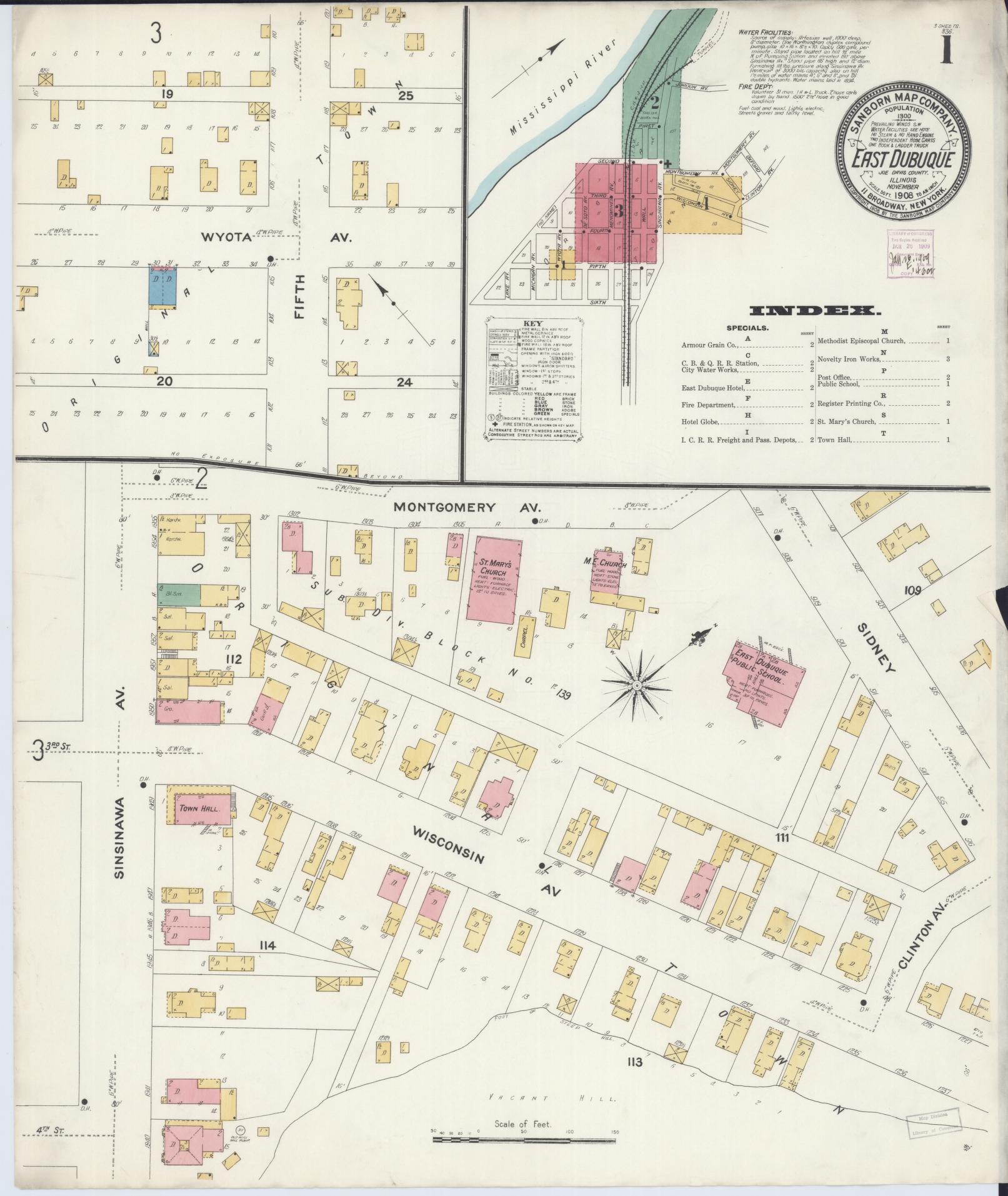 Sanborn Fire Insurance Map from East Dubuque, Jo Daviess County, Illinois (1908), Sheet #0001 - Historic Sanborn Fire Insurance Map Print, vintage old map wall art, antique decor, genealogy gift, Illinois Illinois map