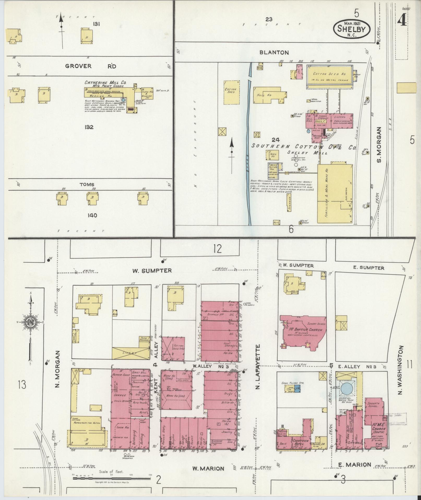 Sanborn Fire Insurance Map from Shelby, Cleveland County, North Carolina (1921), Sheet #0004 - Complete Map Set gallery image, historic Sanborn map, vintage wall art, North Carolina North Carolina