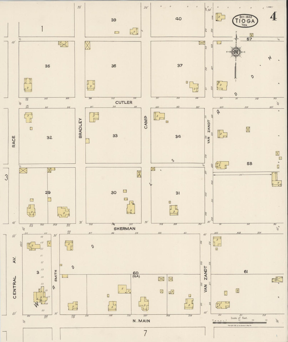 Sanborn Fire Insurance Map from Tioga, Grayton County, Texas (1922), Sheet #0004 - Complete Map Set gallery image, historic Sanborn map, vintage wall art, Texas Texas