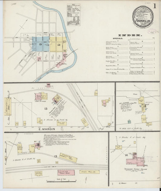Sanborn Fire Insurance Map from Franklin, Williamson County, Tennessee (1888), Sheet #0001 - Historic Sanborn Fire Insurance Map Print, vintage old map wall art, antique decor, genealogy gift, Tennessee Tennessee map