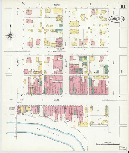Sanborn Fire Insurance Map from North Manchester, Wabash County, Indiana (1907), Sheet #0010 - Historic Sanborn Fire Insurance Map Print, vintage old map wall art, antique decor, genealogy gift, Indiana Indiana map