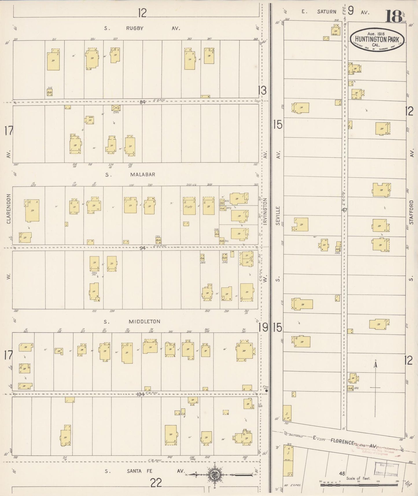Sanborn Fire Insurance Map from Huntington Park, Los Angeles County, California (1916), Sheet #0018 - Historic Sanborn Fire Insurance Map Print, vintage old map wall art, antique decor, genealogy gift, California California map