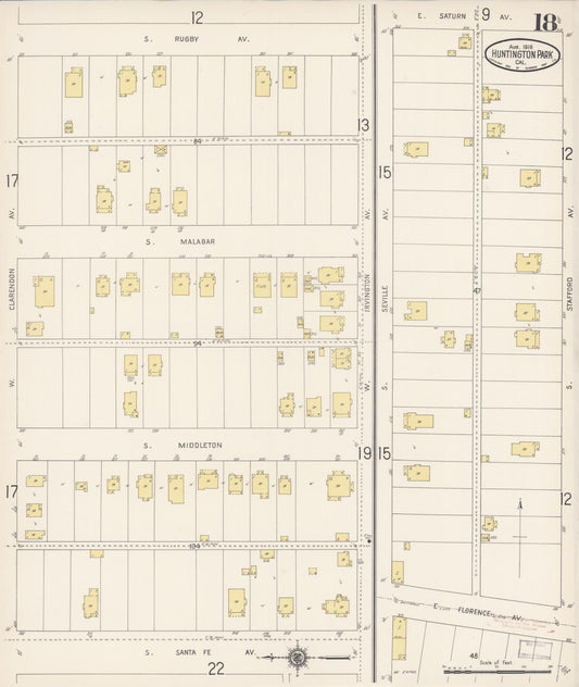 Sanborn Fire Insurance Map from Huntington Park, Los Angeles County, California (1916), Sheet #0018 - Historic Sanborn Fire Insurance Map Print, vintage old map wall art, antique decor, genealogy gift, California California map