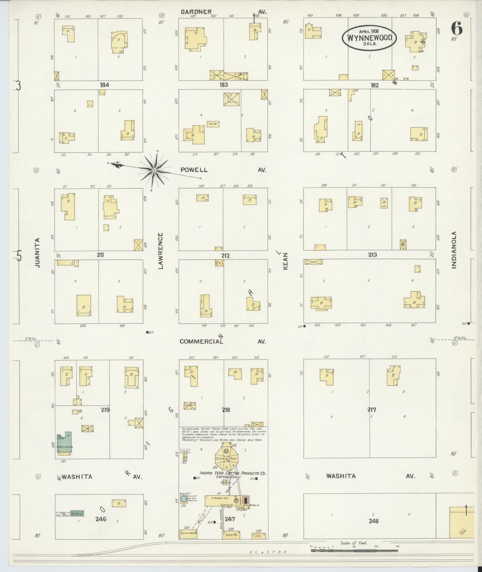 Sanborn Fire Insurance Map from Wynnewood, Garvin County, Oklahoma (1908), Sheet #0006 - Complete Map Set gallery image, historic Sanborn map, vintage wall art, Oklahoma Oklahoma