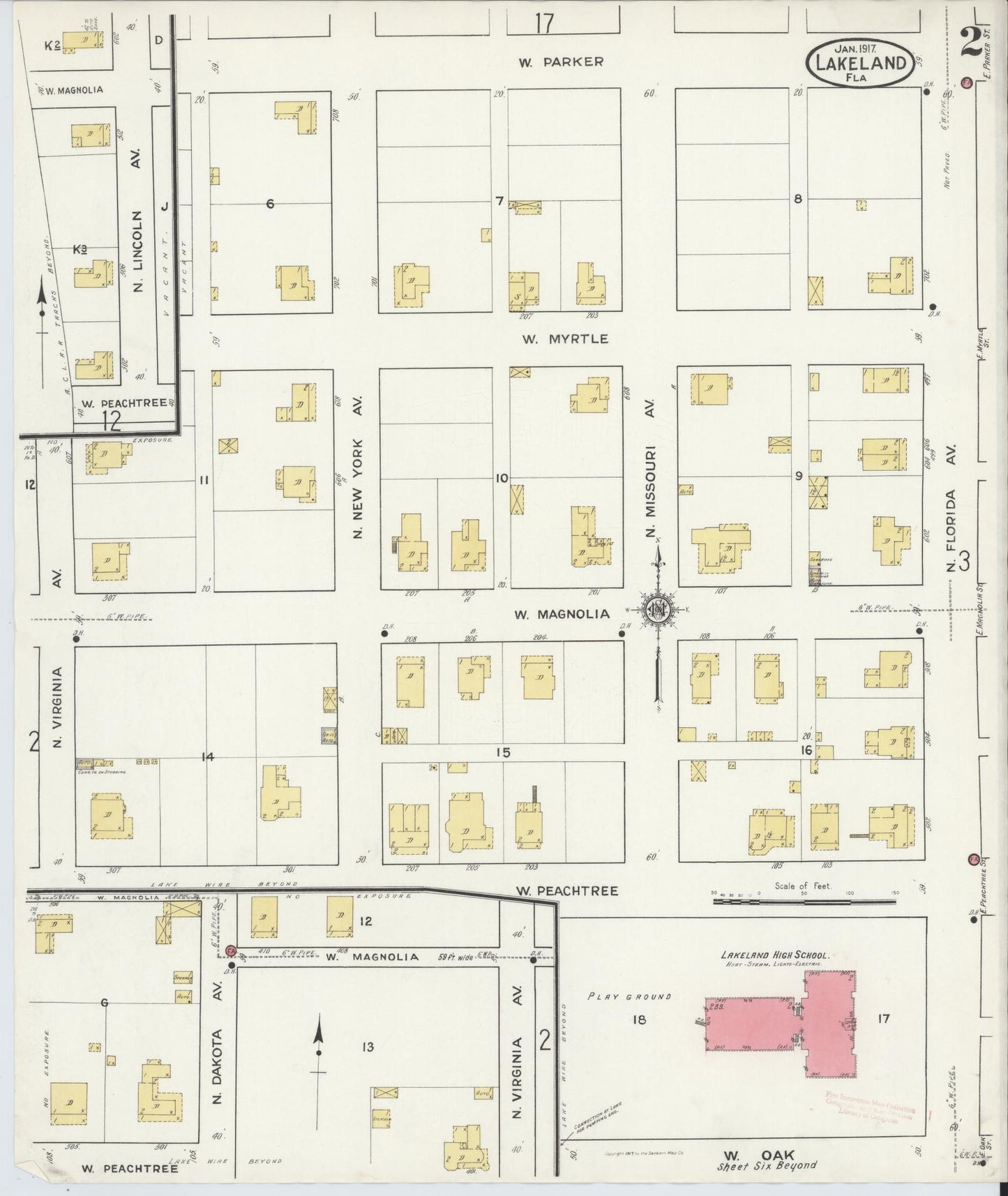 Sanborn Fire Insurance Map from Lakeland, Polk County, Florida (1917), Sheet #0002 - Complete Map Set gallery image, historic Sanborn map, vintage wall art, Florida Florida