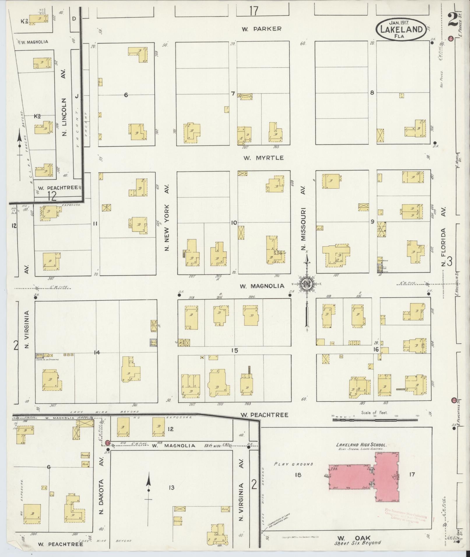 Sanborn Fire Insurance Map from Lakeland, Polk County, Florida (1917), Sheet #0002 - Complete Map Set gallery image, historic Sanborn map, vintage wall art, Florida Florida