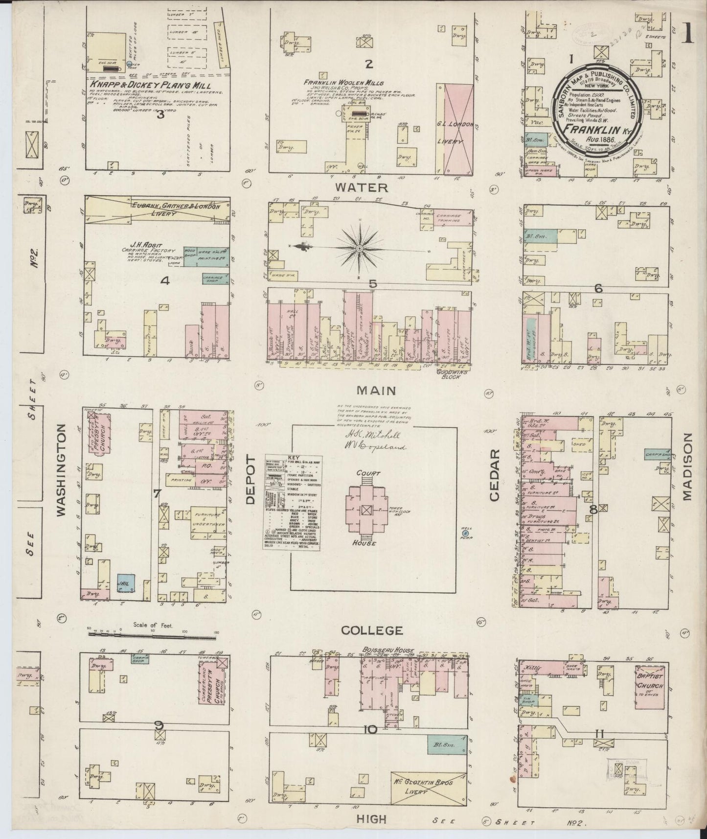 Sanborn Fire Insurance Map from Franklin, Simpson County, Kentucky (1886), Sheet #0001 - Historic Sanborn Fire Insurance Map Print, vintage old map wall art, antique decor, genealogy gift, Kentucky Kentucky map