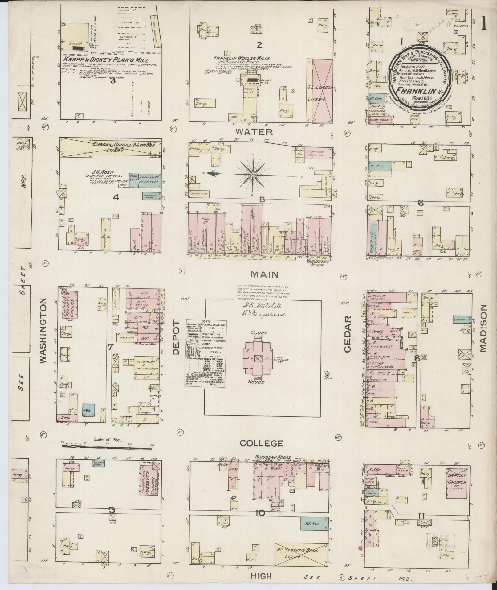Sanborn Fire Insurance Map from Franklin, Simpson County, Kentucky (1886), Sheet #0001 - Historic Sanborn Fire Insurance Map Print, vintage old map wall art, antique decor, genealogy gift, Kentucky Kentucky map