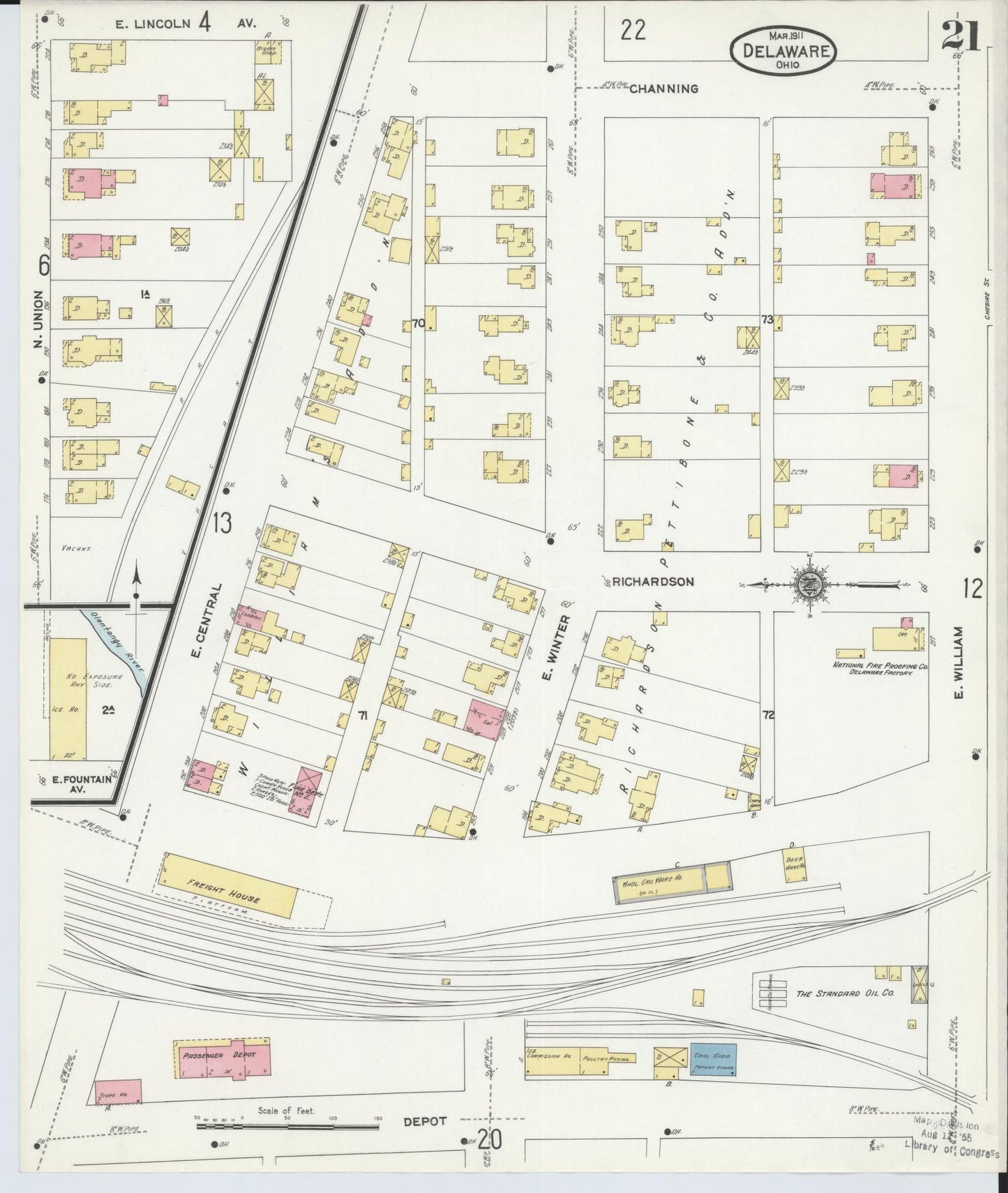 Sanborn Fire Insurance Map from Delaware, Delaware County, Ohio (1911), Sheet #0021 - Historic Sanborn Fire Insurance Map Print, vintage old map wall art, antique decor, genealogy gift, Sanborn Fire Insurance Map from Delaware Delaware map