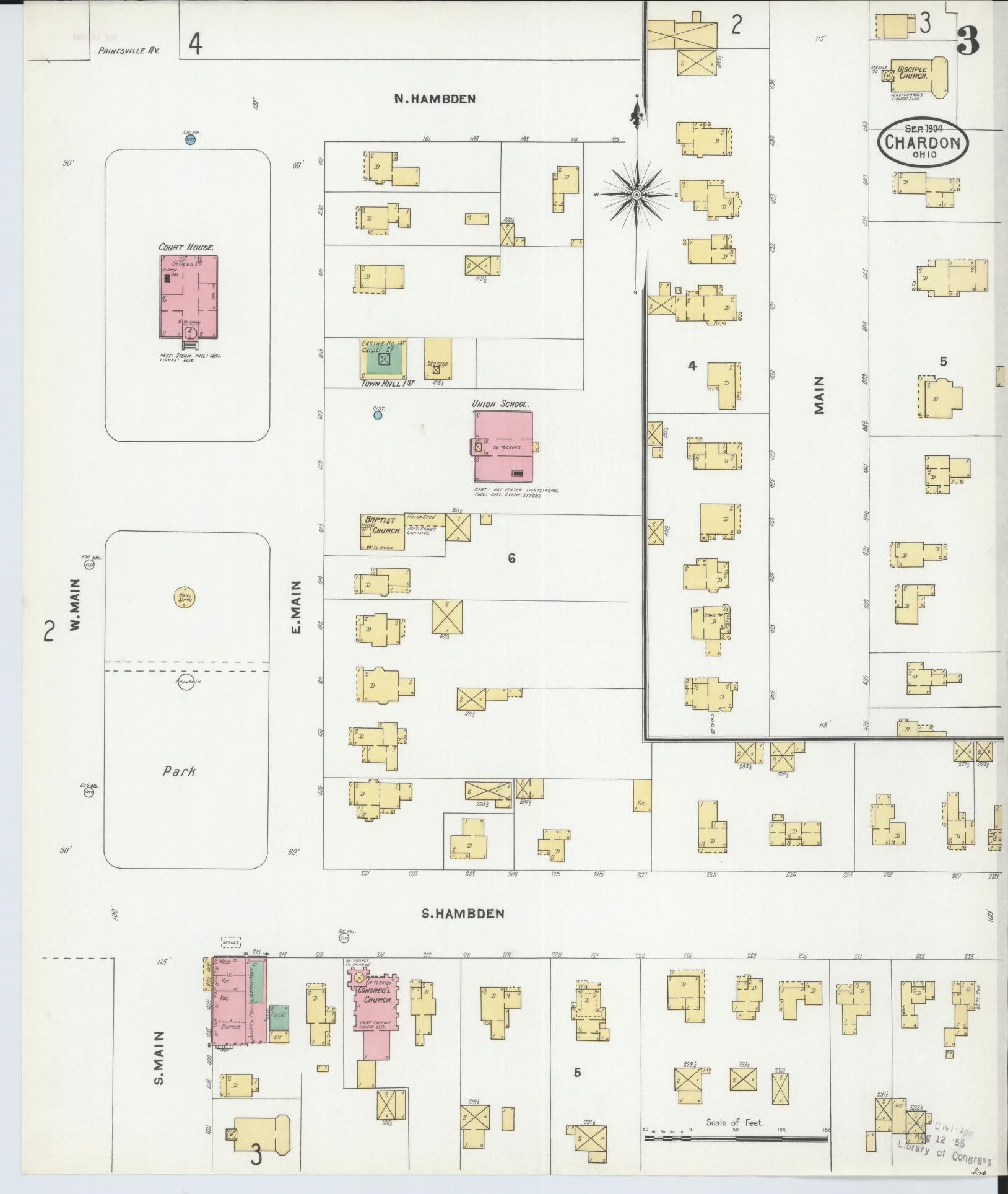 Sanborn Fire Insurance Map from Chardon, Geauga County, Ohio (1904), Sheet #0003 - Historic Sanborn Fire Insurance Map Print, vintage old map wall art, antique decor, genealogy gift, Ohio Ohio map