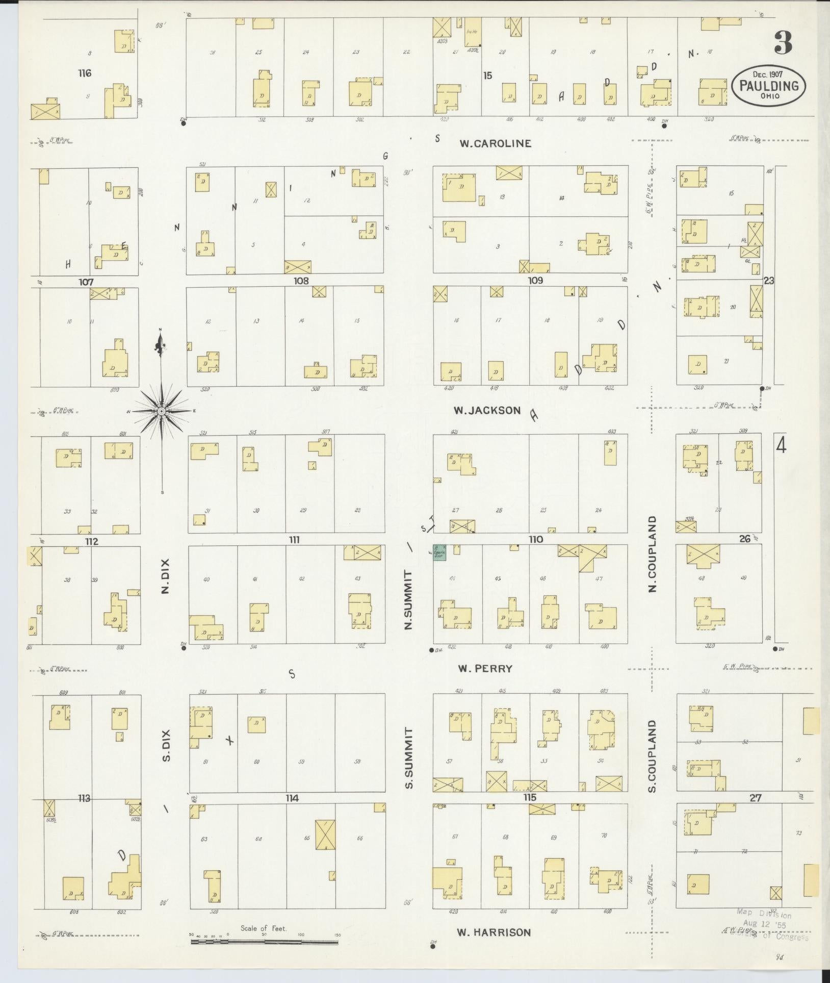 Sanborn Fire Insurance Map from Paulding, Paulding County, Ohio (1907), Sheet #0003 - Complete Map Set gallery image, historic Sanborn map, vintage wall art, Ohio Ohio