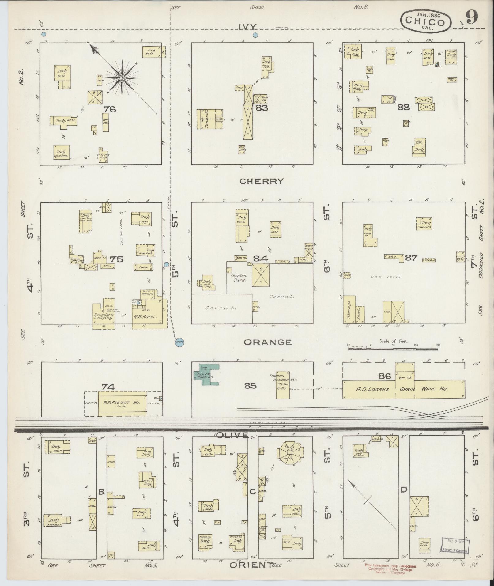 Sanborn Fire Insurance Map from Chico, Butte County, California (1886), Sheet #0009 - Historic Sanborn Fire Insurance Map Print, vintage old map wall art, antique decor, genealogy gift, California California map