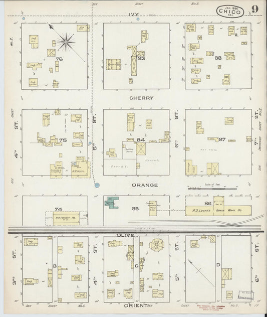 Sanborn Fire Insurance Map from Chico, Butte County, California (1886), Sheet #0009 - Historic Sanborn Fire Insurance Map Print, vintage old map wall art, antique decor, genealogy gift, California California map
