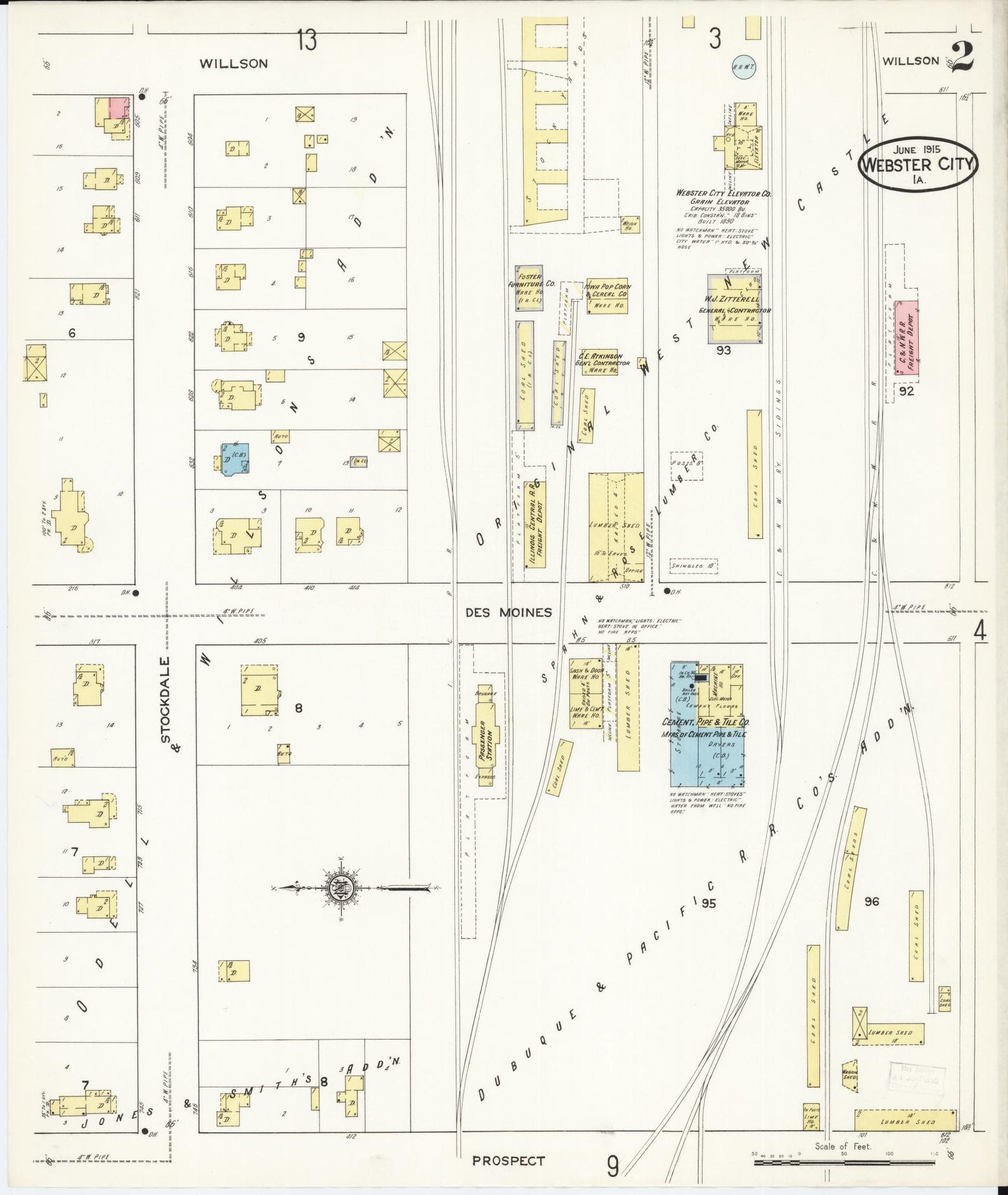 Sanborn Fire Insurance Map from Webster City, Hamilton County, Iowa (1915), Sheet #0002 - Historic Sanborn Fire Insurance Map Print, vintage old map wall art
