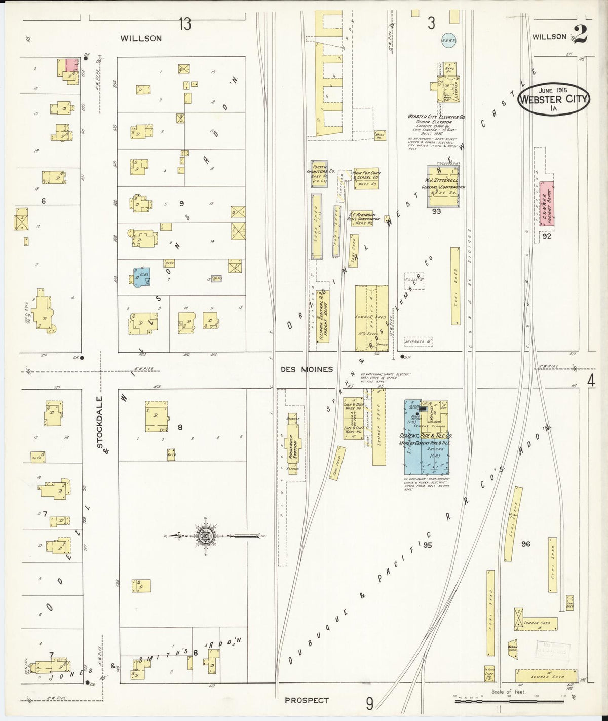 Sanborn Fire Insurance Map from Webster City, Hamilton County, Iowa (1915), Sheet #0002 - Historic Sanborn Fire Insurance Map Print, vintage old map wall art