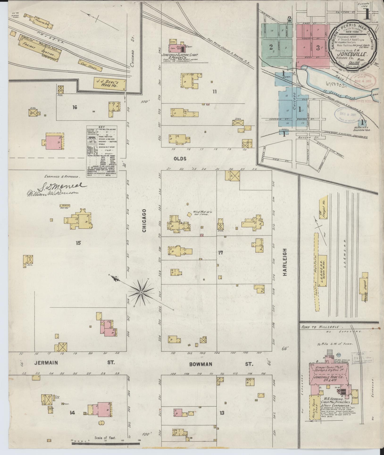 Sanborn Fire Insurance Map from Jonesville, Hillsdale County, Michigan (1897), Sheet #0001 - Complete Map Set gallery image, historic Sanborn map, vintage wall art, Michigan Michigan