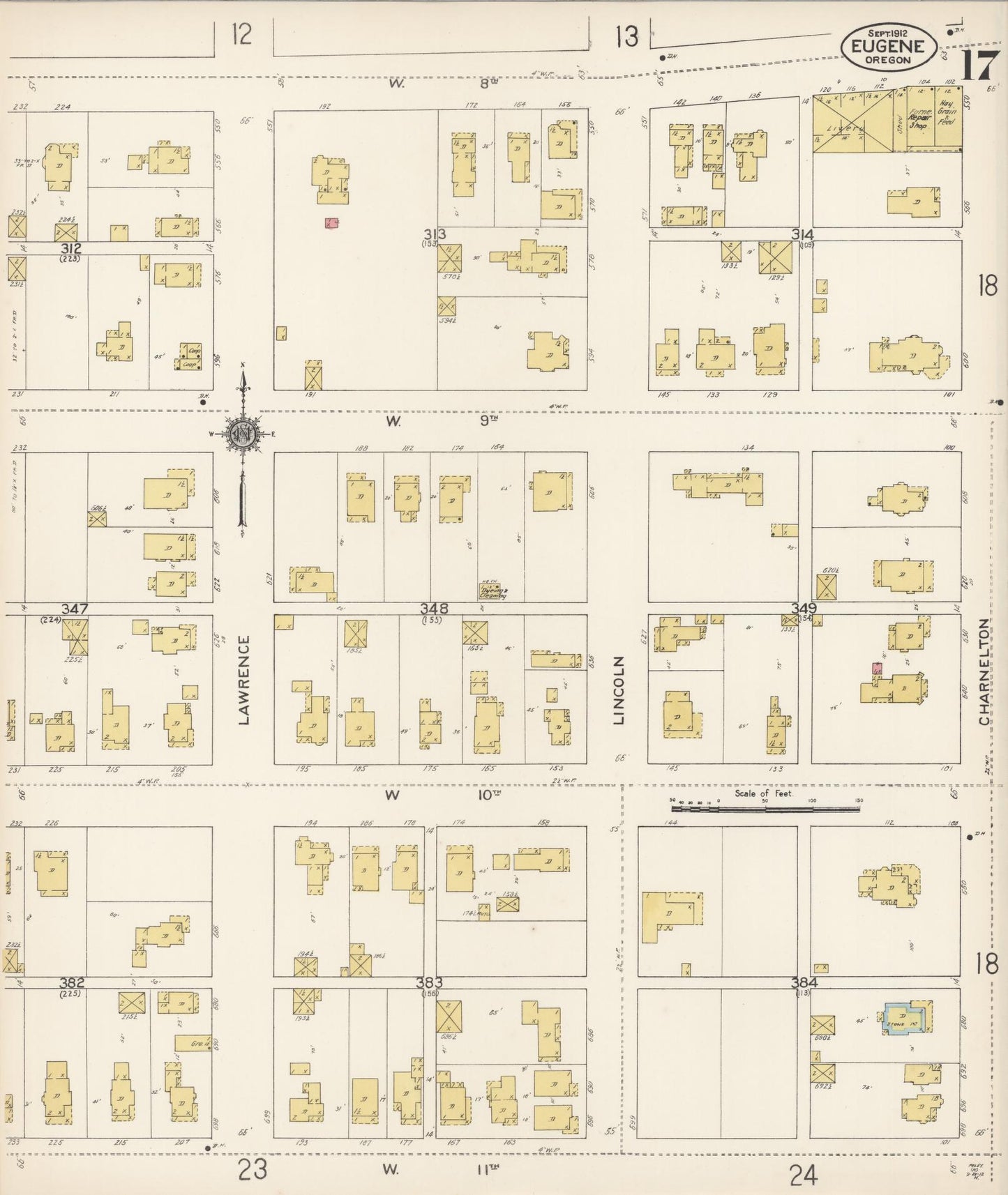 Sanborn Fire Insurance Map from Eugene, Lane County, Oregon (1912), Sheet #0017 - Complete Map Set gallery image, historic Sanborn map, vintage wall art, Oregon Oregon