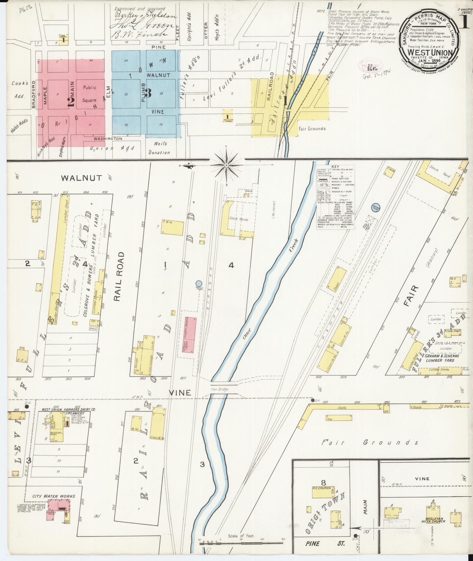 Sanborn Fire Insurance Map from West Union, Fayette County, Iowa (1894), Sheet #0001 - Historic Sanborn Fire Insurance Map Print, vintage old map wall art