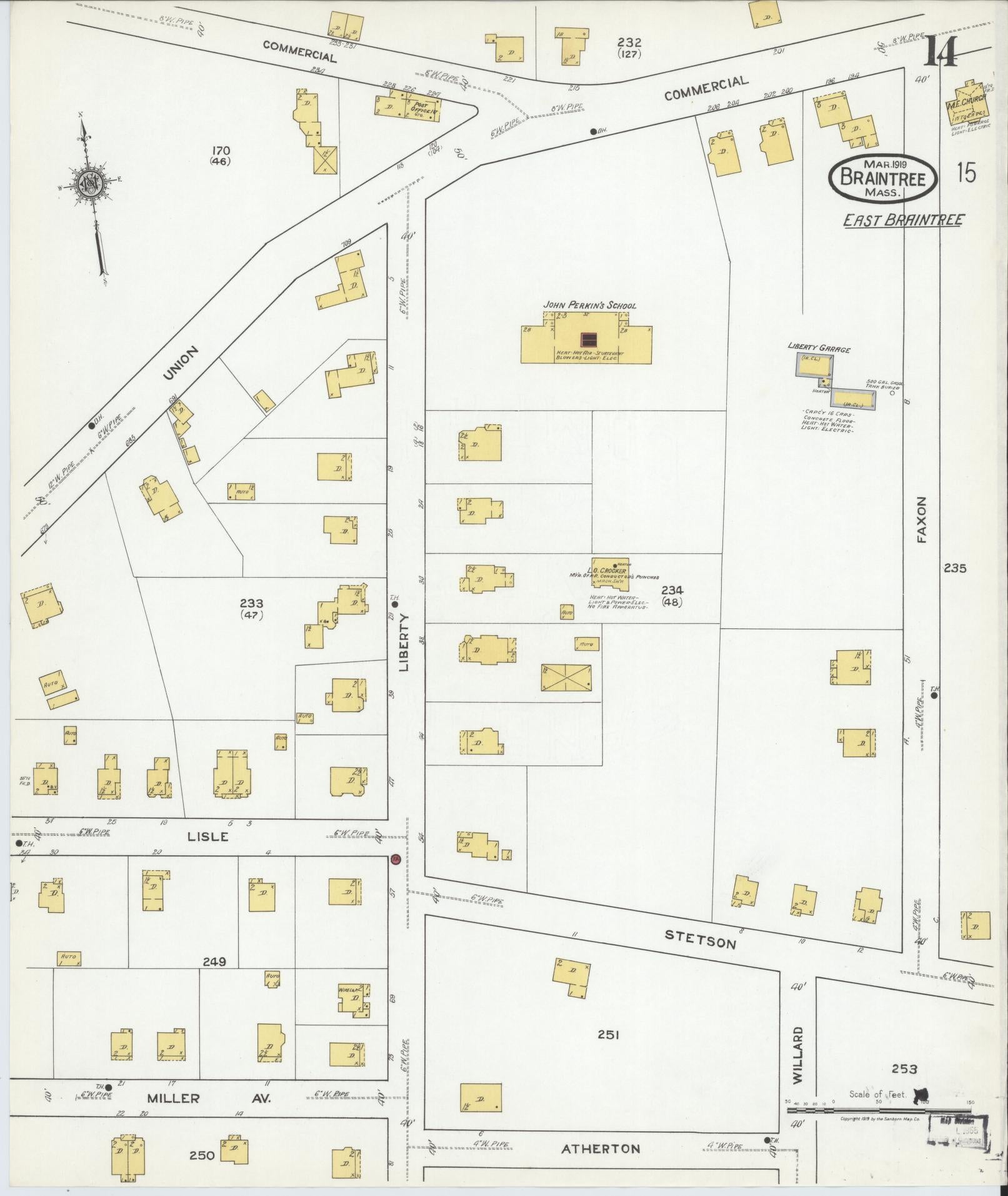 Sanborn Fire Insurance Map from Braintree, Norfolk County, Massachusetts (1919), Sheet #0014 - Complete Map Set gallery image, historic Sanborn map, vintage wall art, Massachusetts Massachusetts