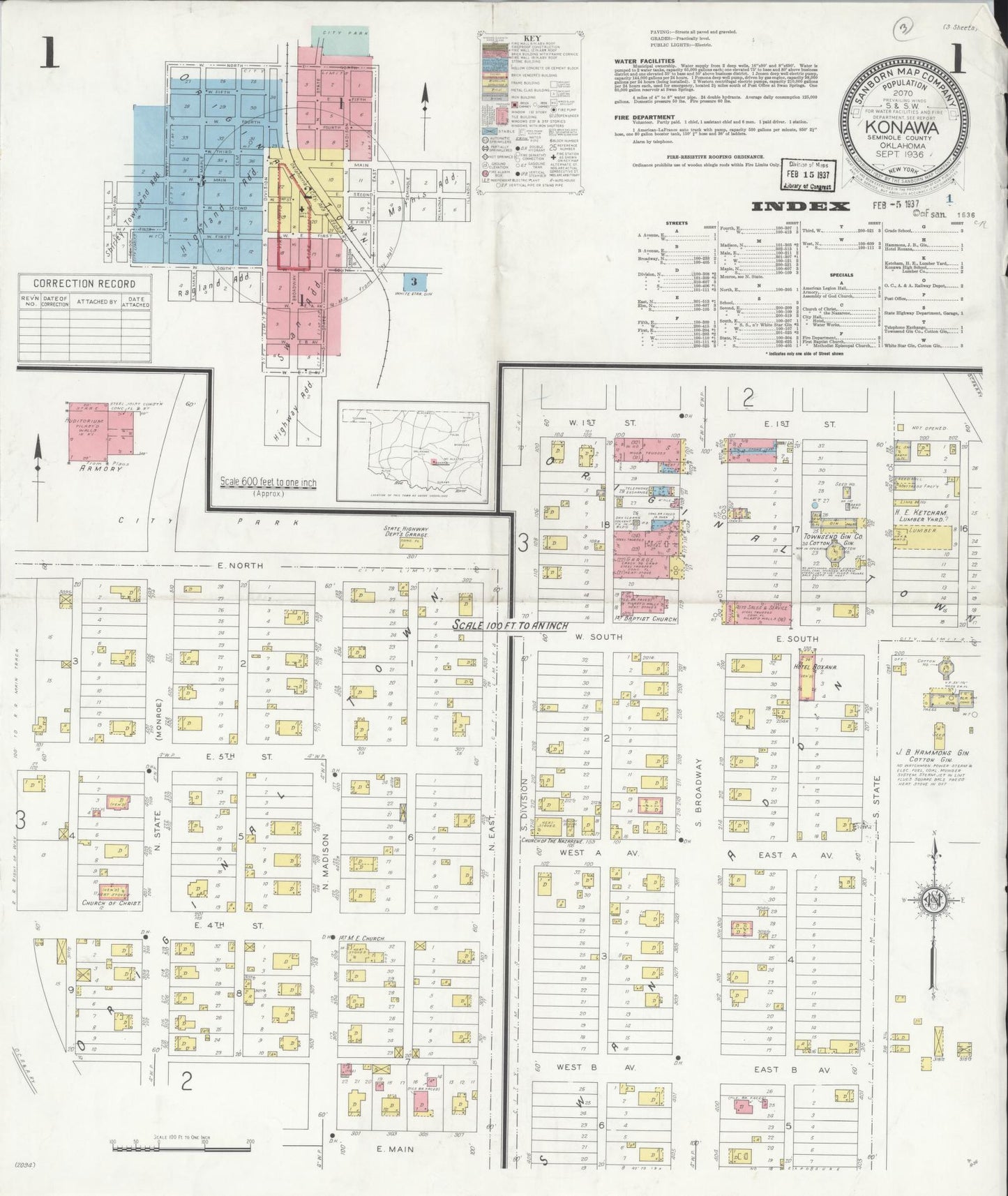 Sanborn Fire Insurance Map from Konawa, Seminode County, Oklahoma (1936), Sheet #0001 - Complete Map Set gallery image, historic Sanborn map, vintage wall art, Oklahoma Oklahoma