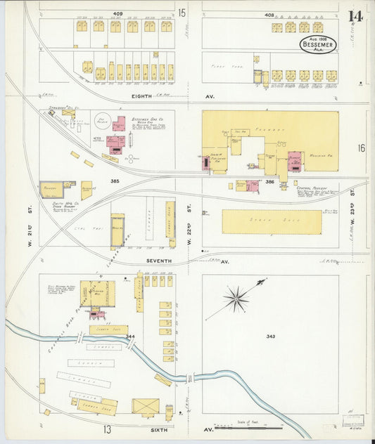 Sanborn Fire Insurance Map from Bessemer, Jefferson County, Alabama (1908), Sheet #0014 - Historic Sanborn Fire Insurance Map Print, vintage old map wall art, antique decor, genealogy gift, Alabama Alabama map