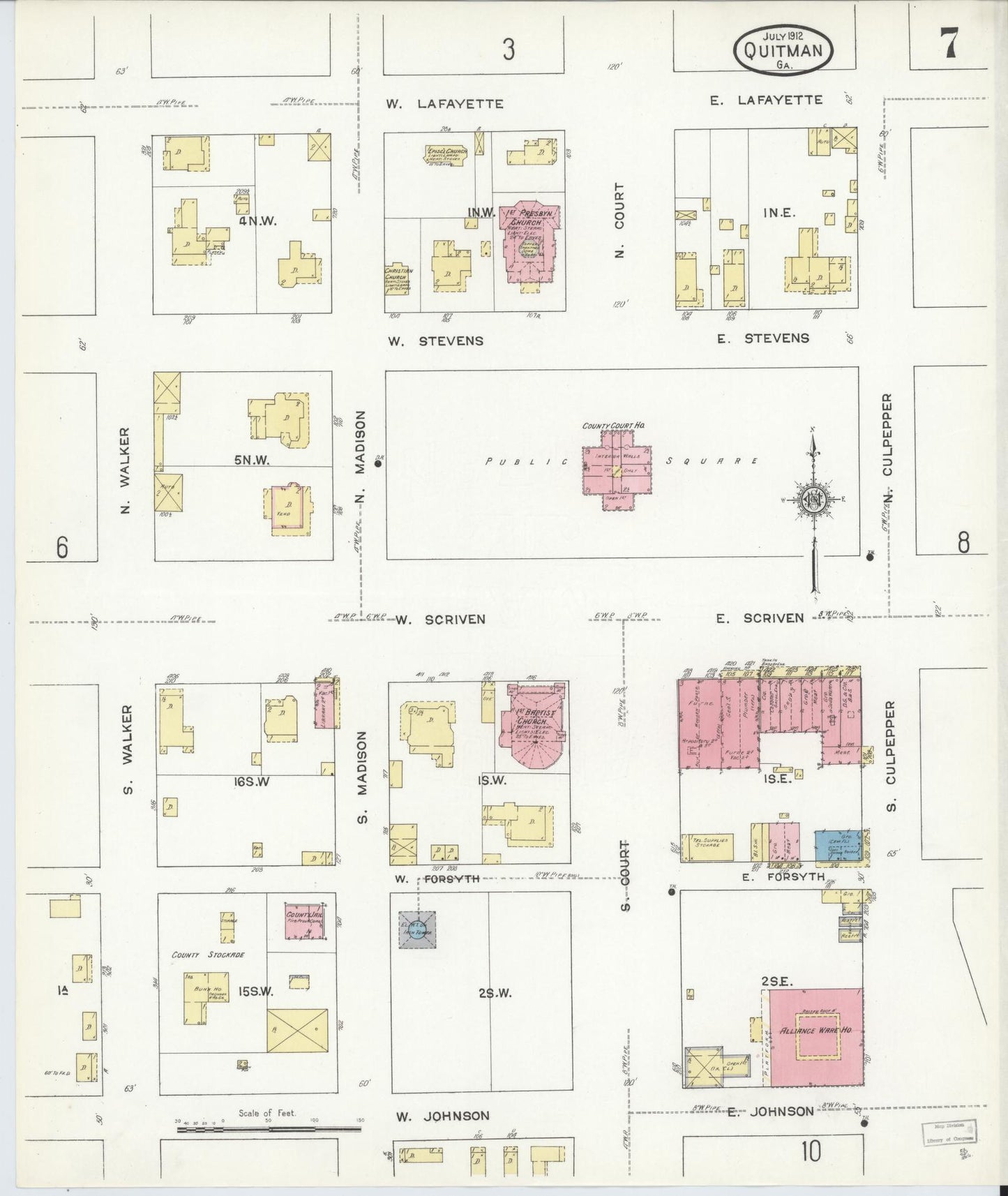 Sanborn Fire Insurance Map from Quitman, Brooks County, Georgia (1912), Sheet #0007 - Historic Sanborn Fire Insurance Map Print, vintage old map wall art, antique decor, genealogy gift, Georgia Georgia map