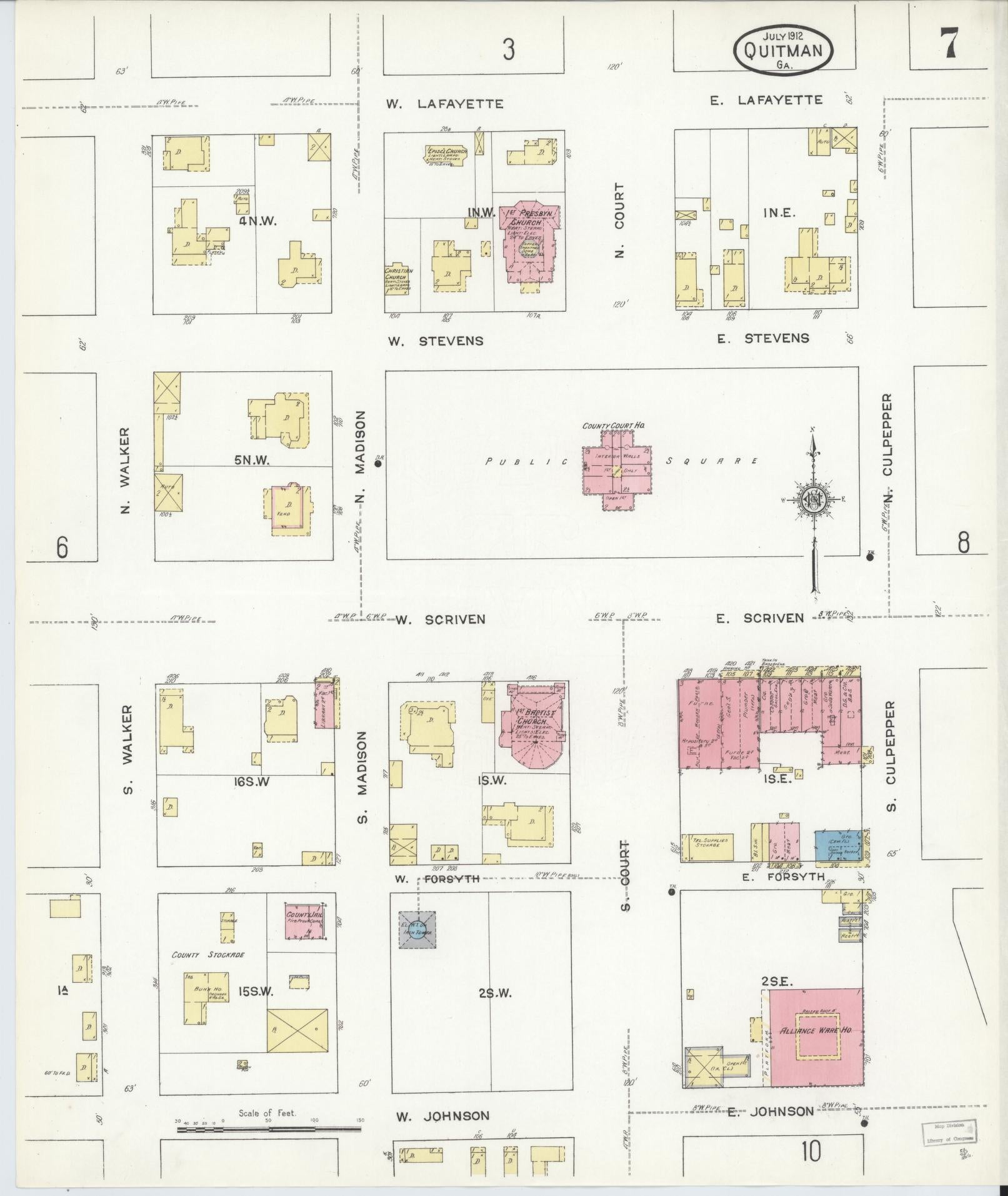 Sanborn Fire Insurance Map from Quitman, Brooks County, Georgia (1912), Sheet #0007 - Historic Sanborn Fire Insurance Map Print, vintage old map wall art, antique decor, genealogy gift, Georgia Georgia map