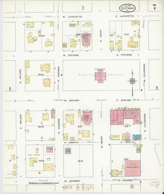 Sanborn Fire Insurance Map from Quitman, Brooks County, Georgia (1912), Sheet #0007 - Historic Sanborn Fire Insurance Map Print, vintage old map wall art, antique decor, genealogy gift, Georgia Georgia map