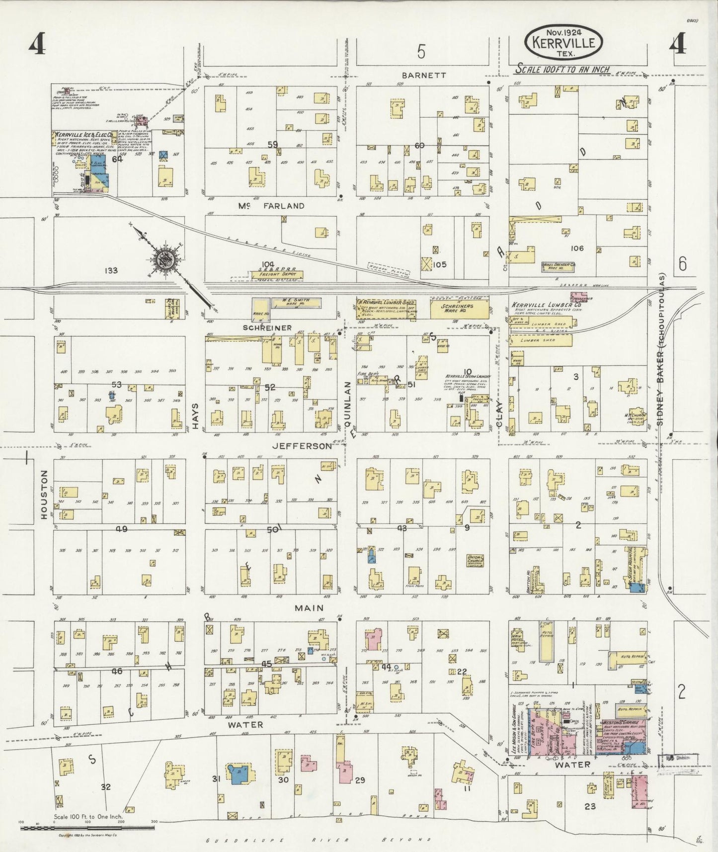 Sanborn Fire Insurance Map from Kerrville, Kerr County, Texas (1924), Sheet #0004 - Historic Sanborn Fire Insurance Map Print, vintage old map wall art, antique decor, genealogy gift, Texas Texas map