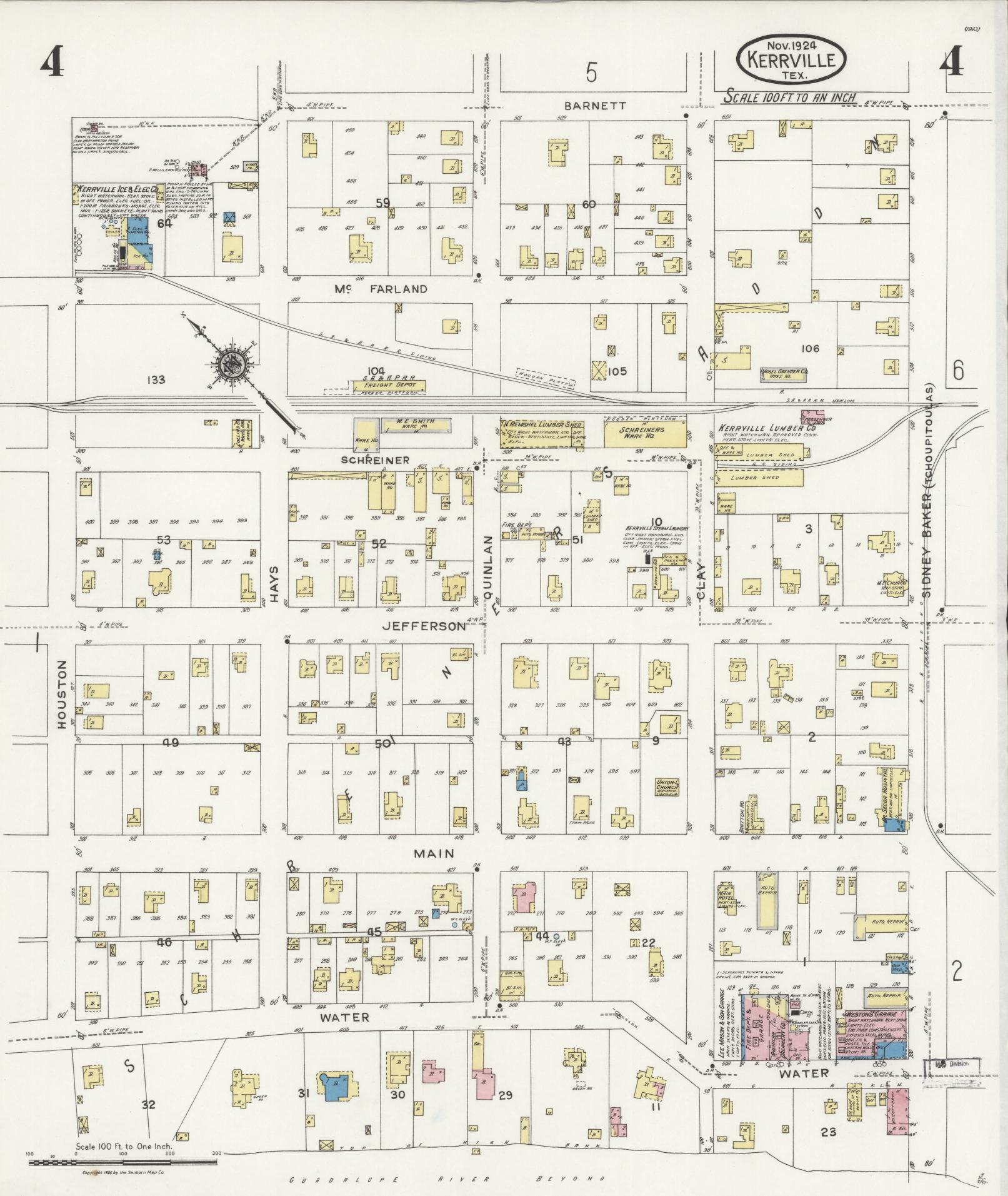 Sanborn Fire Insurance Map from Kerrville, Kerr County, Texas (1924), Sheet #0004 - Historic Sanborn Fire Insurance Map Print, vintage old map wall art, antique decor, genealogy gift, Texas Texas map